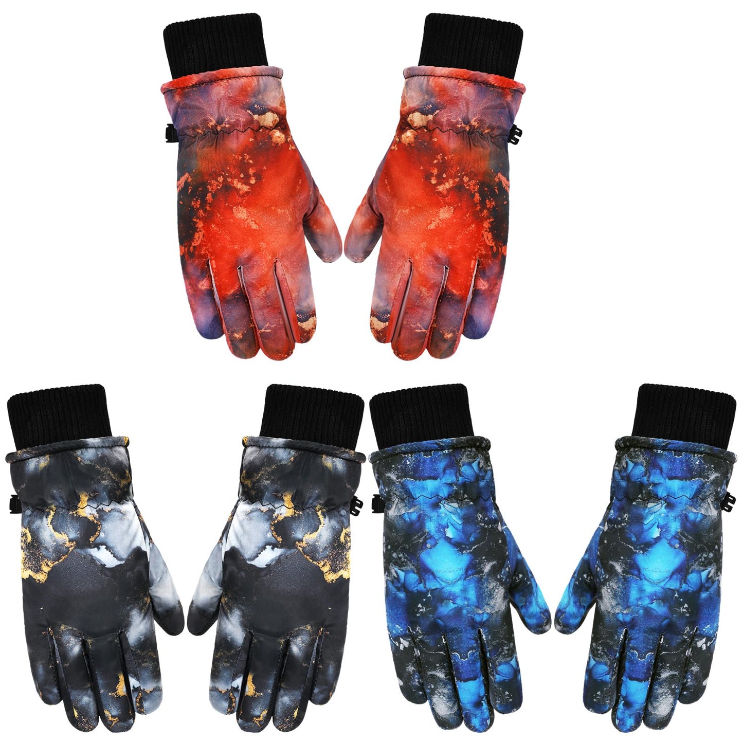 Bencailor 3 Pairs Kids Winter Gloves Waterproof Snow Ski Gloves Warm Outdoor Windproof Adjustable Gloves for Cold Weather (Black Gold, Blue Black, Red,8-12 Years)