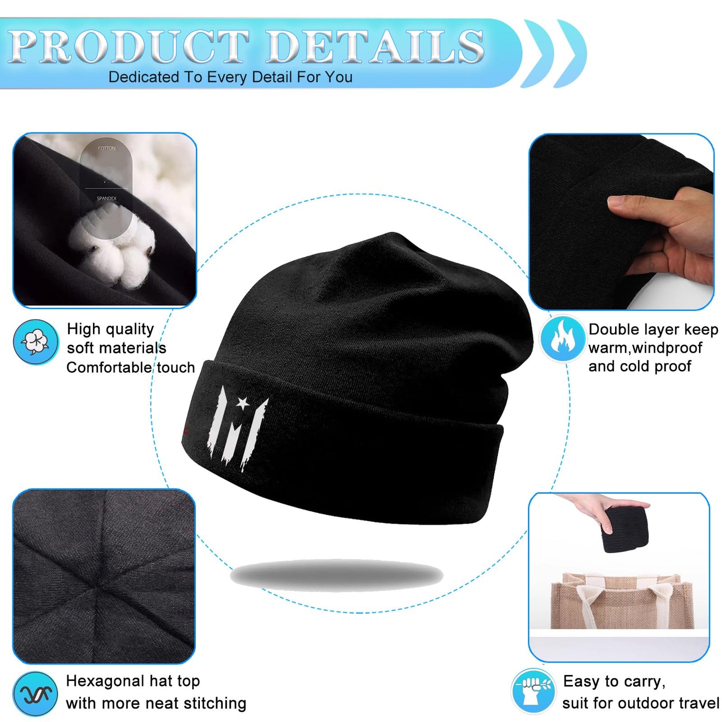 Black Beanie for Men Puerto Rico Flag Beanies Knitted Hat for Men Warm Winter Beanie Hats for Men Women Unisex Soft Cotton Cuffed Beanie Knit Hat Chemo Cap Headwear Stretchy Skull Hip Hop Cap Men Gift