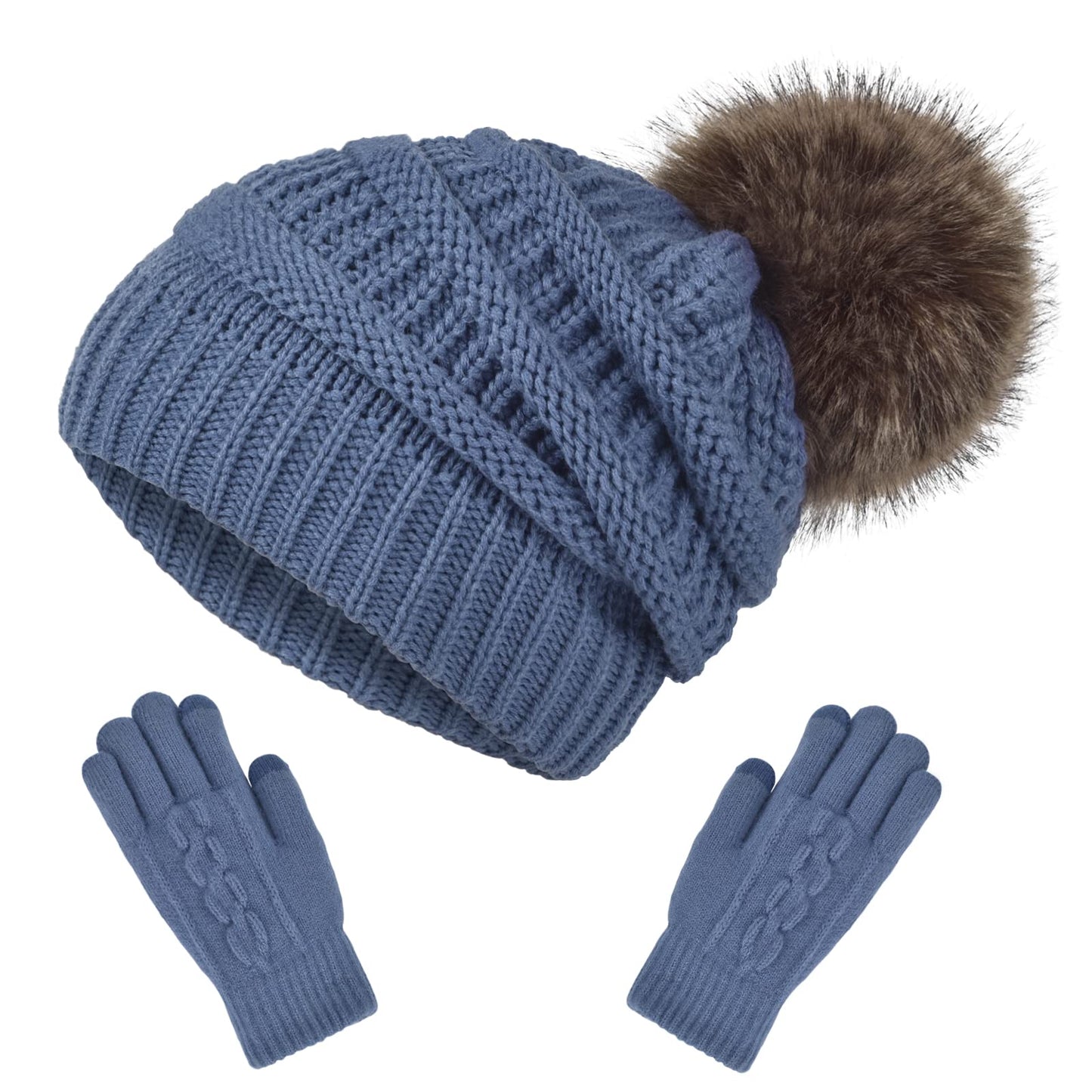 Slouchy Beanie Hat Gloves Set Women Winter Knit Knitted Warm Fleece Lined Cap Cute Fur Pom Ball Faux Pompom Soft Chunky Thick Cable Fluffy Wool Ladies Blue Slouch Hats Cold Weather Snow Accessories