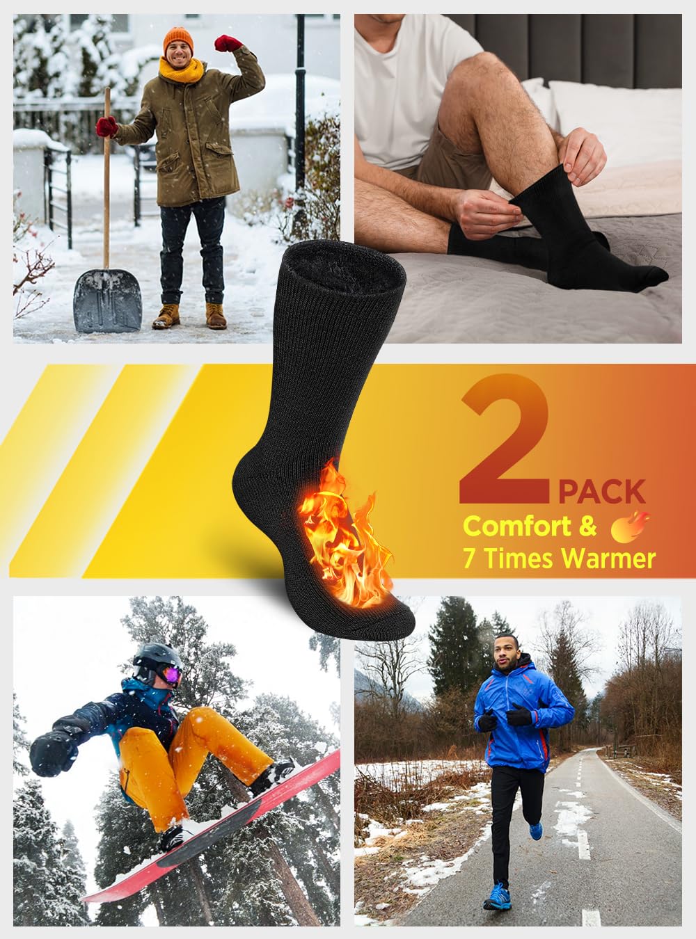 Bymore 2 Pairs Thermal Socks for Men,Heated Socks for Women, Warm Thick Winter Socks Insulated Cold Weather(Black,4-10)