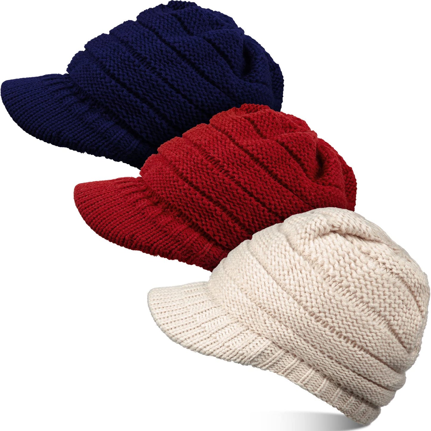 SATINIOR Women Knit Hat Winter Brim Beanie Hats for Women Slouchy Beanie Cap with Visor Warm Newsboy Skull Cap (Navy, Beige, Wine Red, 3)