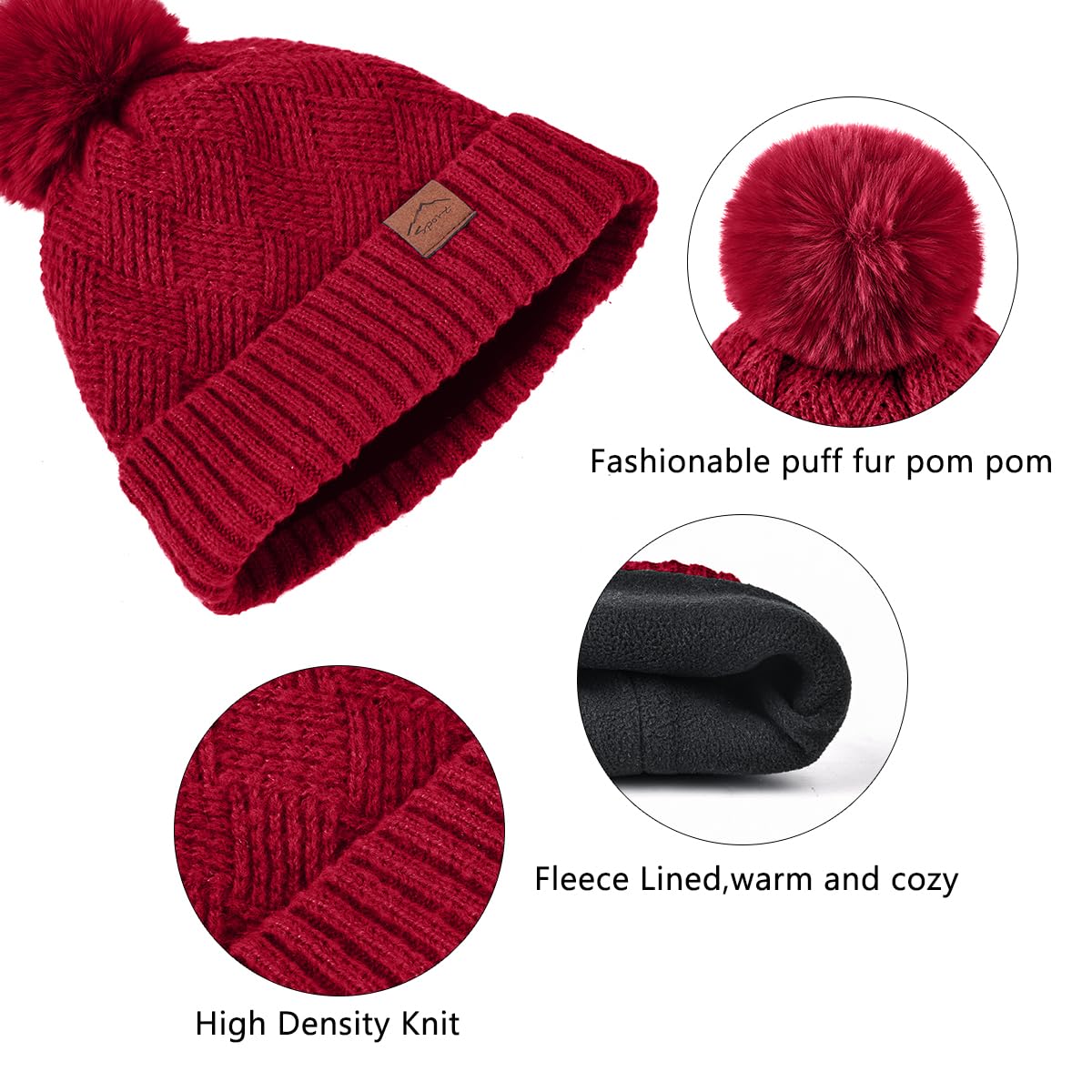 Womens Beanie Hat Scarf Gloves Set,Fleece Lined Winter Hat with Pom Pom,Long Knit Scarf Touchscreen Gloves for Cold Weather (Wine Red)