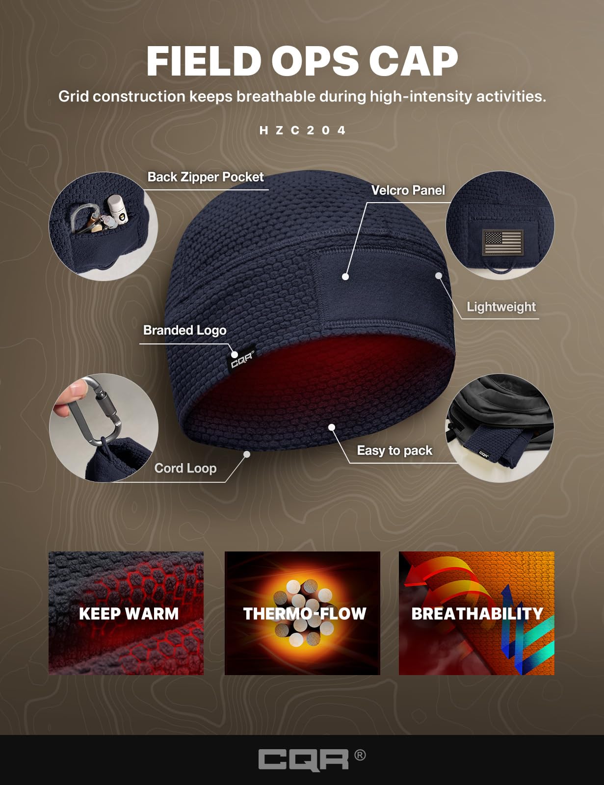 CQR Men's Fleece Tactical Beanie, Lightweight Army Military Skull Cap, Soft Warm Winter Hat with Small Pocket, Grid Flex Operator Navy, Medium
