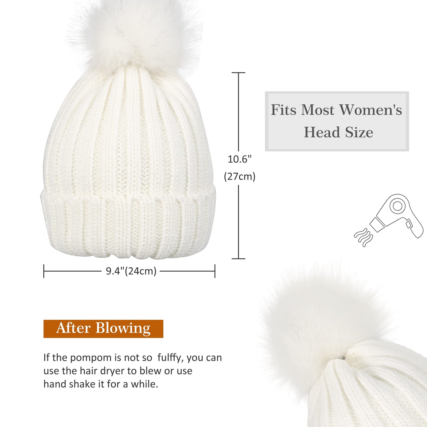 Muryobao Womens Winter Beanie Hat Warm Silk Satin Lined Cuffed Cable Knit Hat with Detachable Pom Ski Skull Cap White