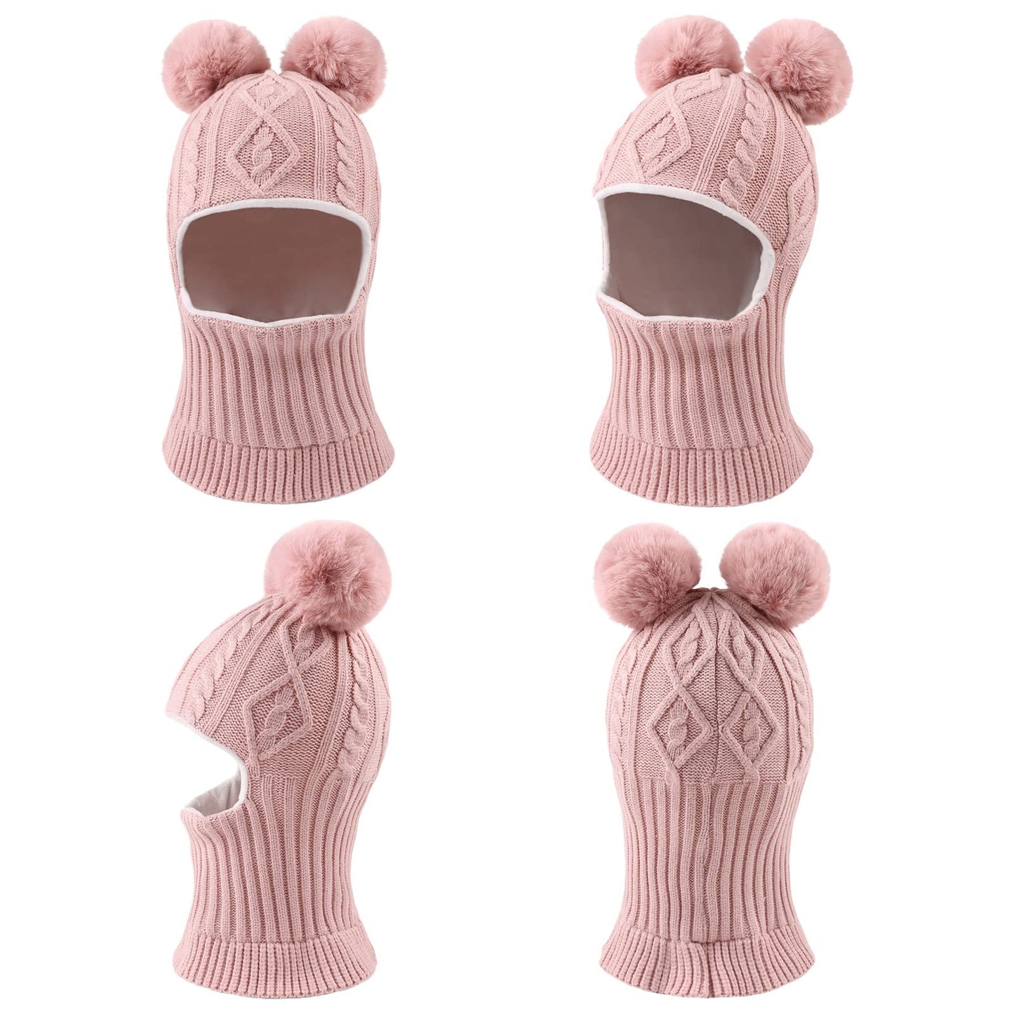 Winter Baby Knitted Hat Scarf Kids Boys Girls Hood Hats Toddler Earflap Beanie with Pompom(Skin Pink Pompom,S)