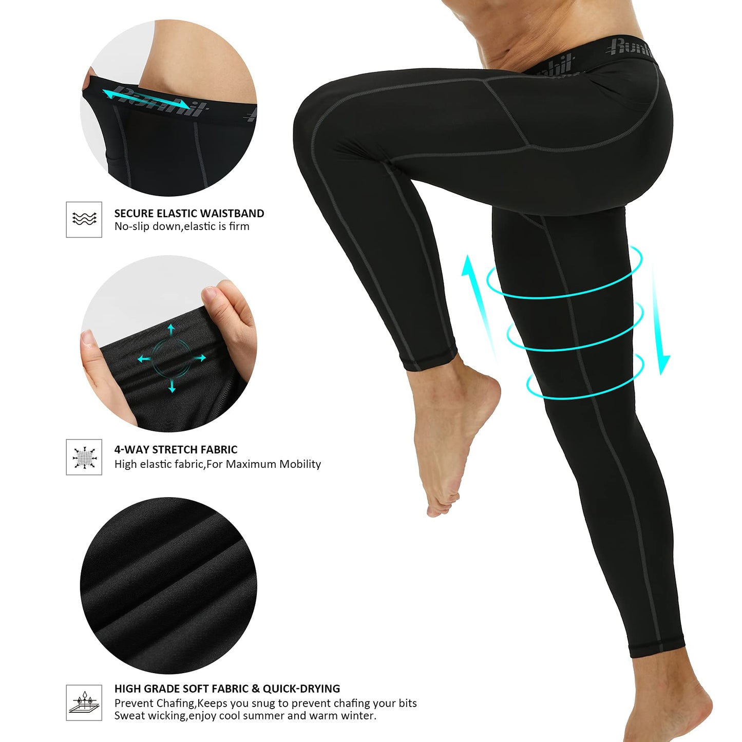 Runhit Mens Leggings Compression Pants for Men Tights with Pocket Running Pants for Men Workout Jogger Thermal Winter Base Layer Gray Black 2 Pack Large