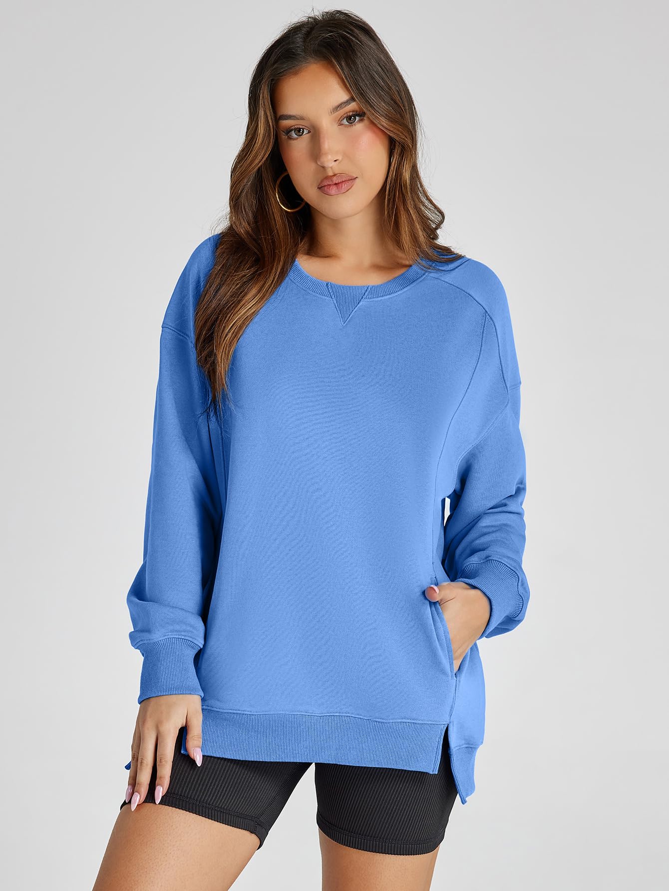 Glamaker Women's Long Sleeve Pullover Sweatshirt Oversized Sweatshirts Casual Crew Neck Tops Y2k Winter Fall Clothes Blue XL