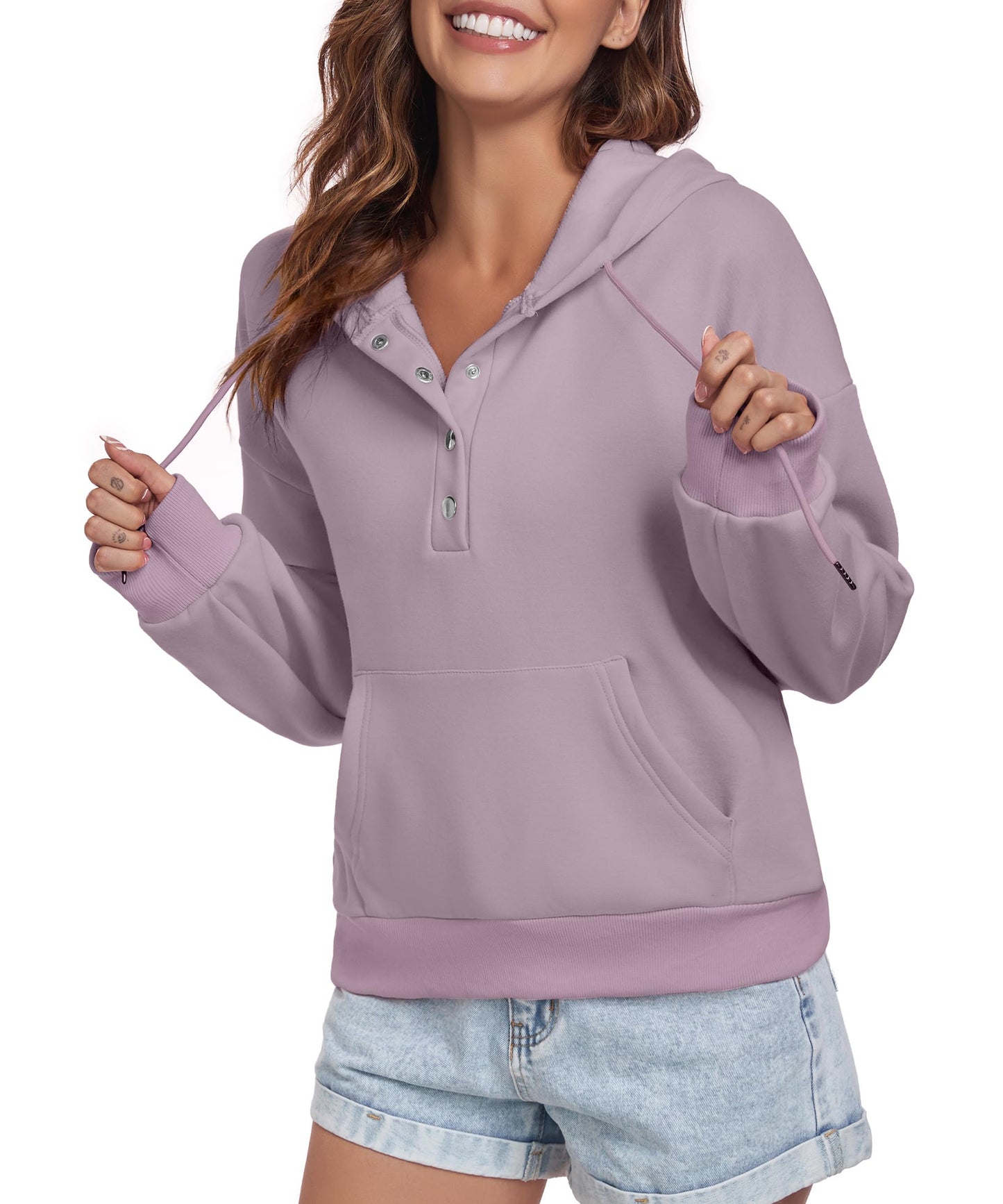 FKEEP Women Hoodies Casual Button Down Sweatshirt Drawstring Long Sleeve Pullover Fall Winter Clothes with Pockets Purple