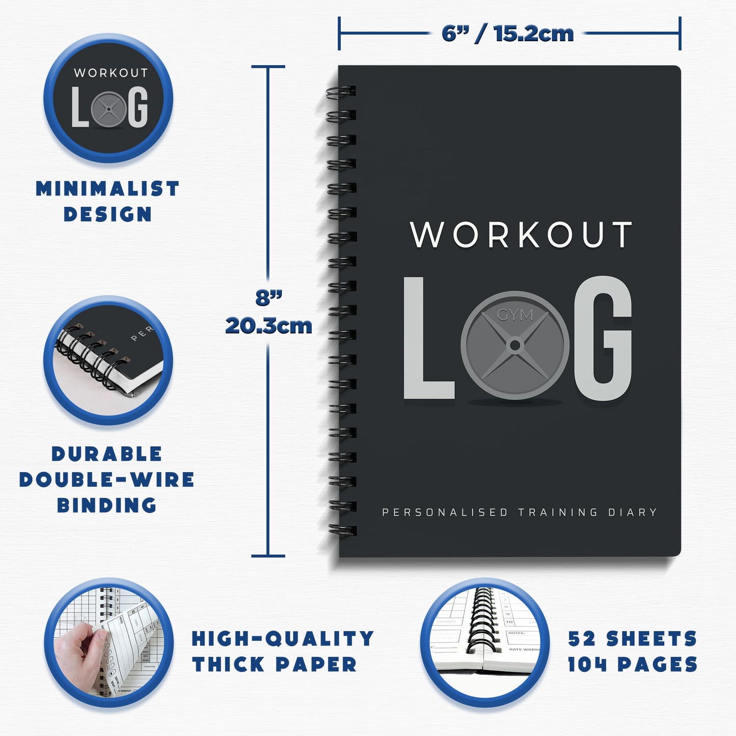 Workout Log Gym Workout Planner for Daily Fitness Tracking & Goals Setting - 4 Pack, A5 Size, 6” x 8”, Charcoal Gray - Men & Women Home & Gym Training Diary - Log Book Journal
