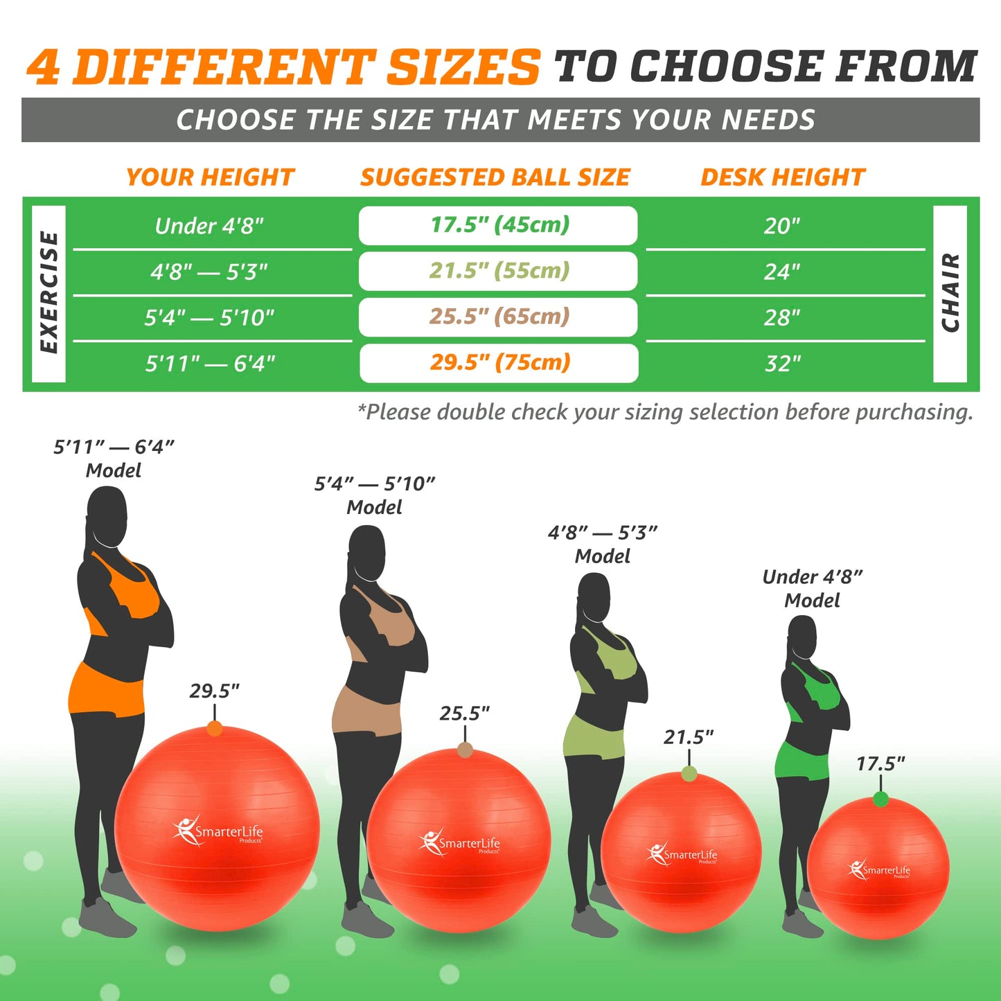 SmarterLife Workout Exercise Ball for Fitness, Yoga, Balance, Stability, or Birthing, Great as Yoga Ball Chair for Office or Exercise Gym Equipment for Home, Non-Slip Design (45 cm, Orange)