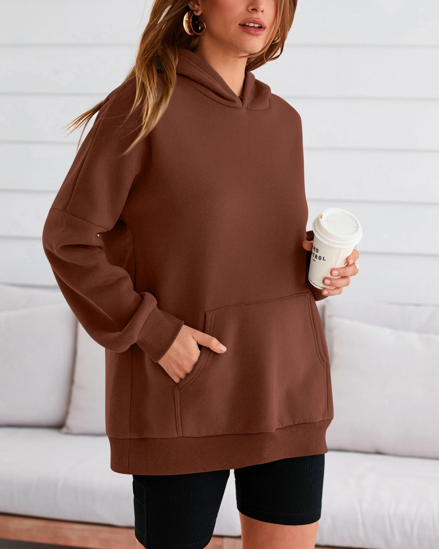 BTFBM Womens Fall Fashion 2024 Oversized Sweatshirt Hoodie Long Sleeve Fleece Pullover Holiday Tops Winter Clothes(Solid Dark Coffee, Small)