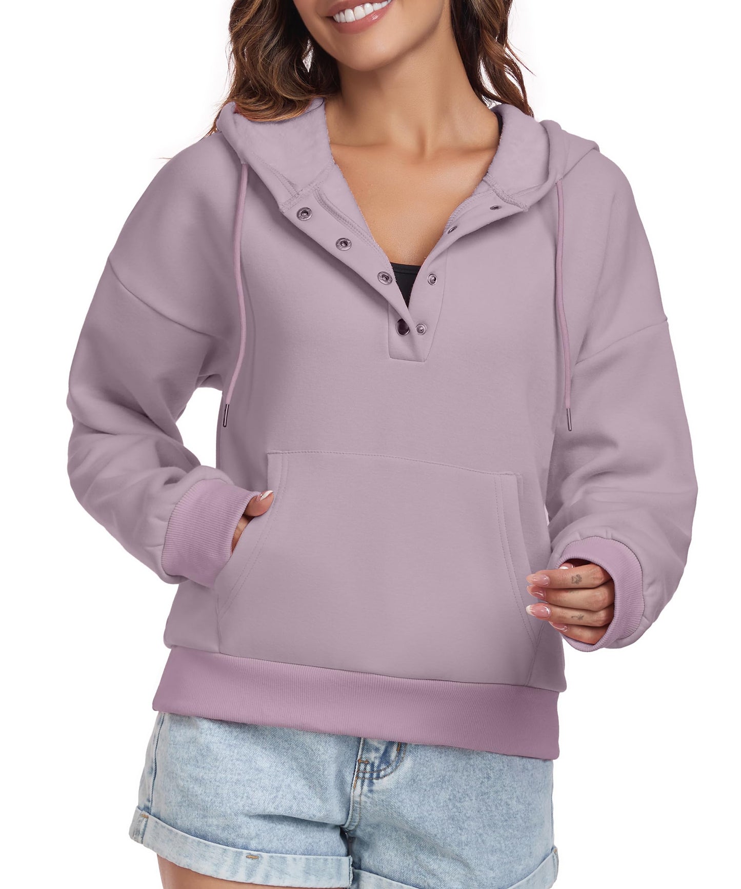 FKEEP Women Hoodies Casual Button Down Sweatshirt Drawstring Long Sleeve Pullover Fall Winter Clothes with Pockets Purple
