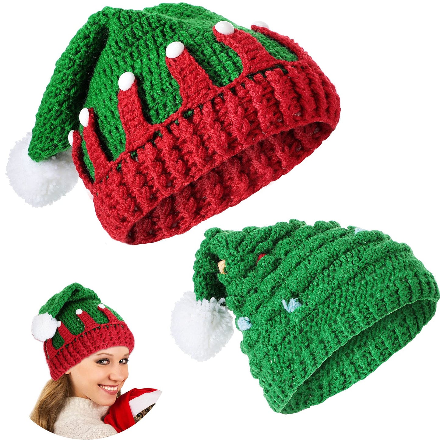 Sumind 2 Pieces Unisex Christmas Knit Beanie Santa Hat Winter Warm Crochet Bearded Cap with Fur Pom Pom Handmade Knitted Reindeer Cap for Adult