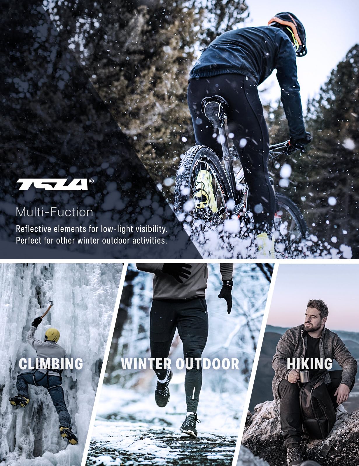 TSLA Men's Thermal Windproof Cycling Pants, Fleece Lined Outdoor Bike Pants, Winter Cold Weather Running Pants, Cycling Pants Black & Grey, XX-Large