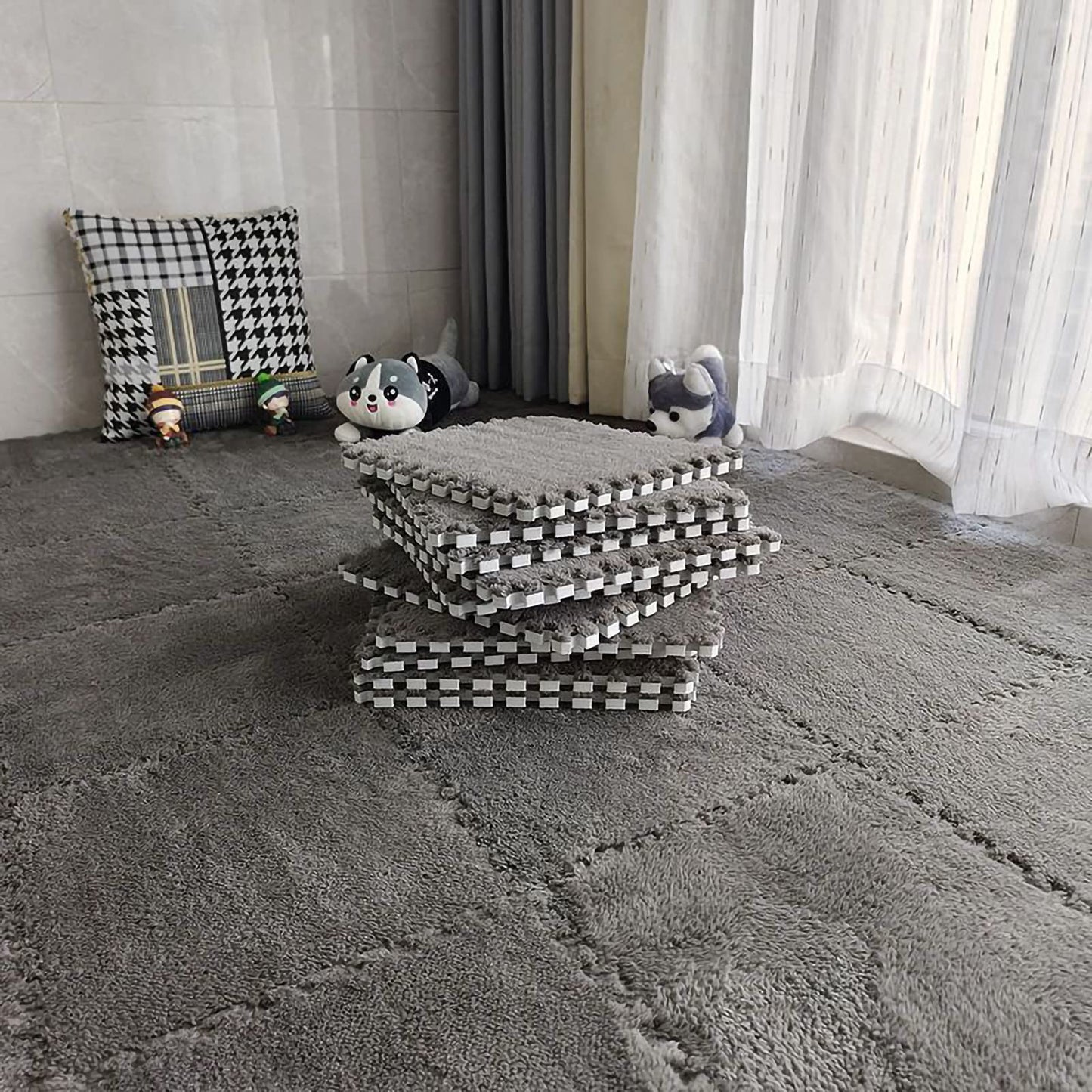 easycustomerlee 12pcs Tiled Puzzle Play Mats Interlocking Shaggy Soft EVA Foam Mats Protective Floor for Children Kids Room Home Parlor Bedroom(Gray)