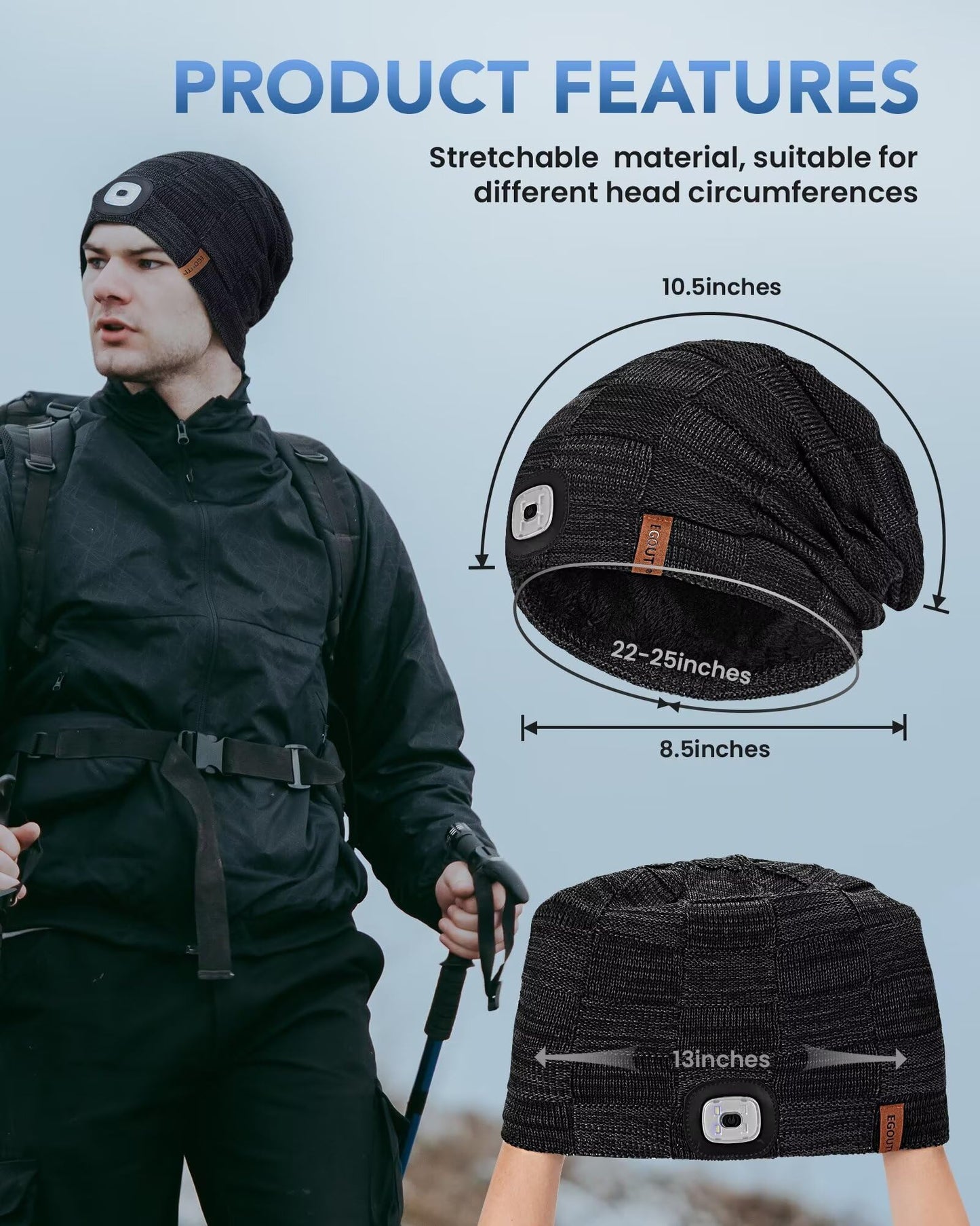 EGOUTI Beanie with Light Built in 2 Pack, Winter Slouchy LED Hat for Men Warm Fleece Lined, Headlamp Caps Flashlight Hats with USB Rechargeable, Gifts for Men Dad Husband-02