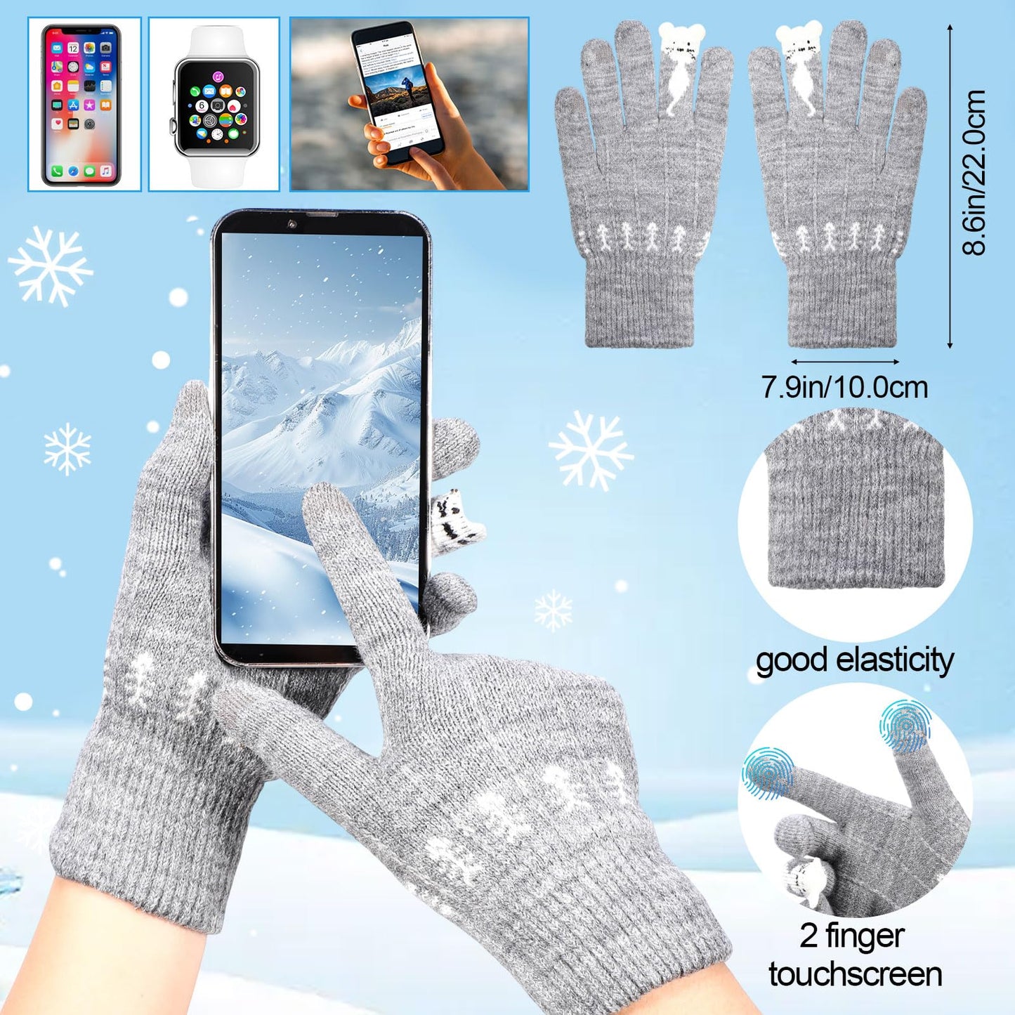 SATINIOR 6 Pieces Women Knit Beanie Hats Touchscreen Gloves Set for Winter Cute Hats Soft Skull Cap Gifts for Christmas(Red, Black, Gray,Cute Style)