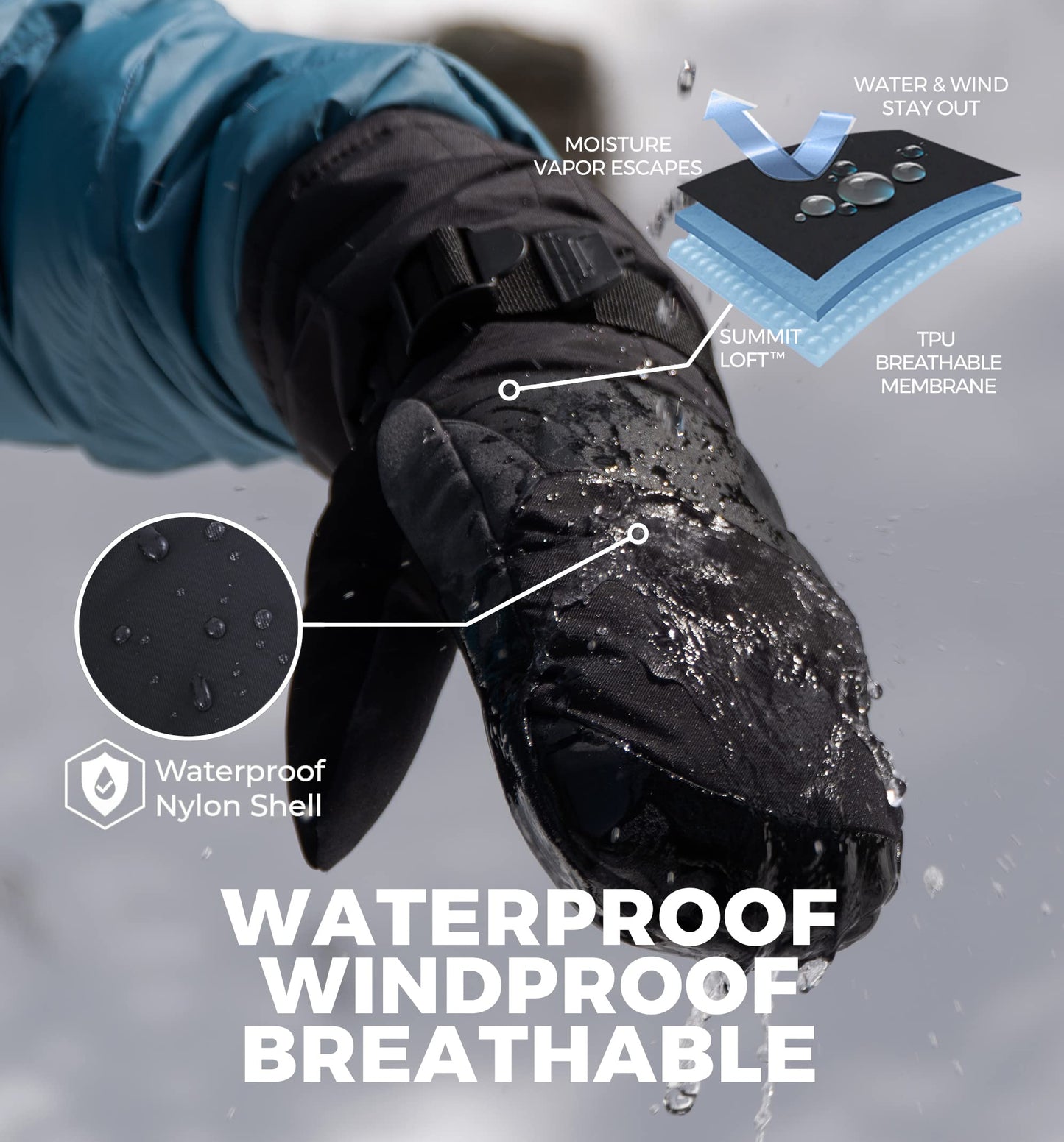 Tough Outdoors Adult Winter Ski Mittens for Women and Men - Mens Womens Waterproof Insulated Snowboard Gloves - Extreme Cold Weather Snowboarding Snow Glove Mitten - Medium/Large