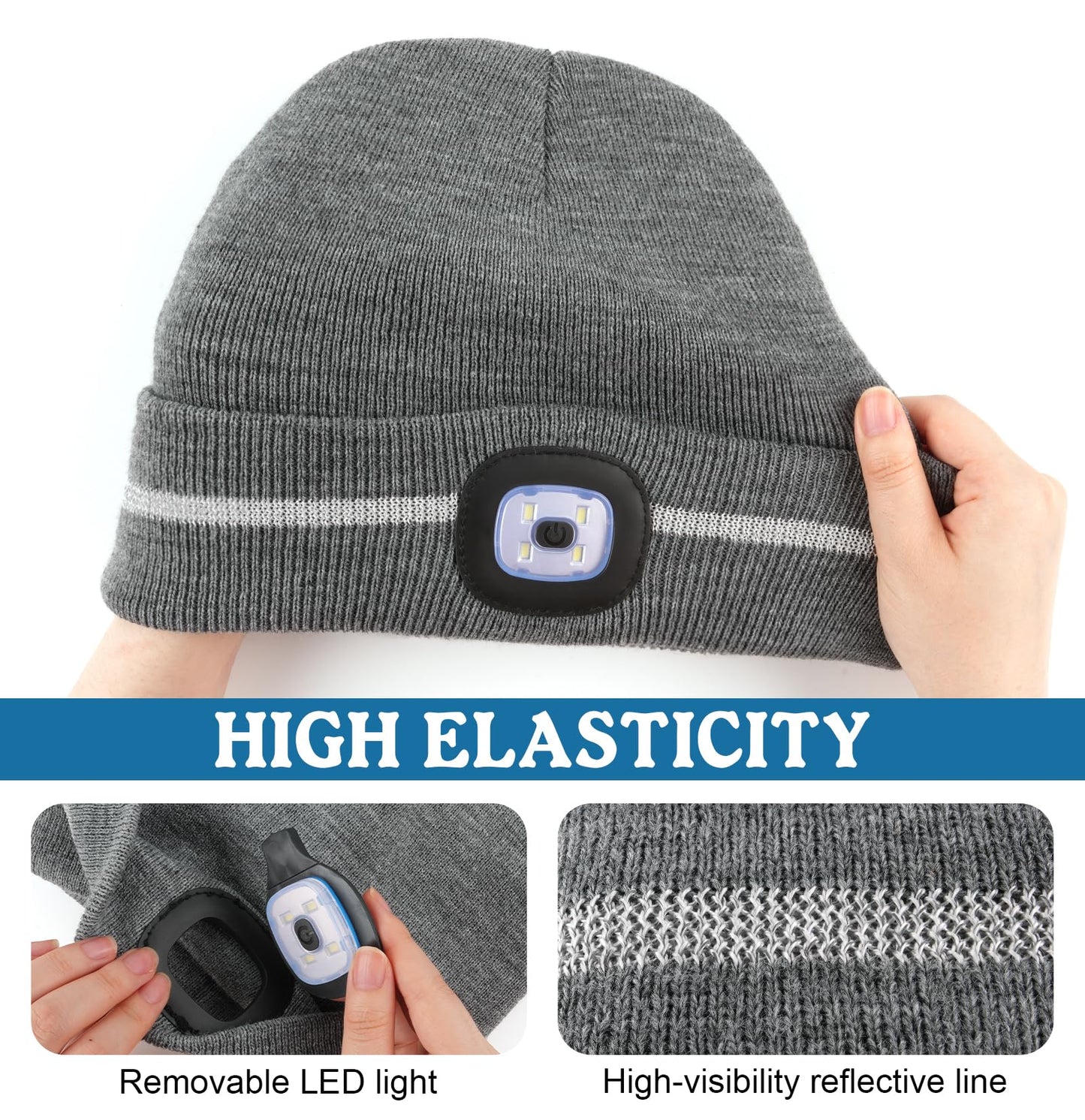 MELASA Reflective Stripe LED Beanie Safety High Visibility Winter Thermal Knitted USB Rechargeable Hat with Light Built in Suitable Outdoor Work Sports Gifts for Men Dad Fluorescent Yellow