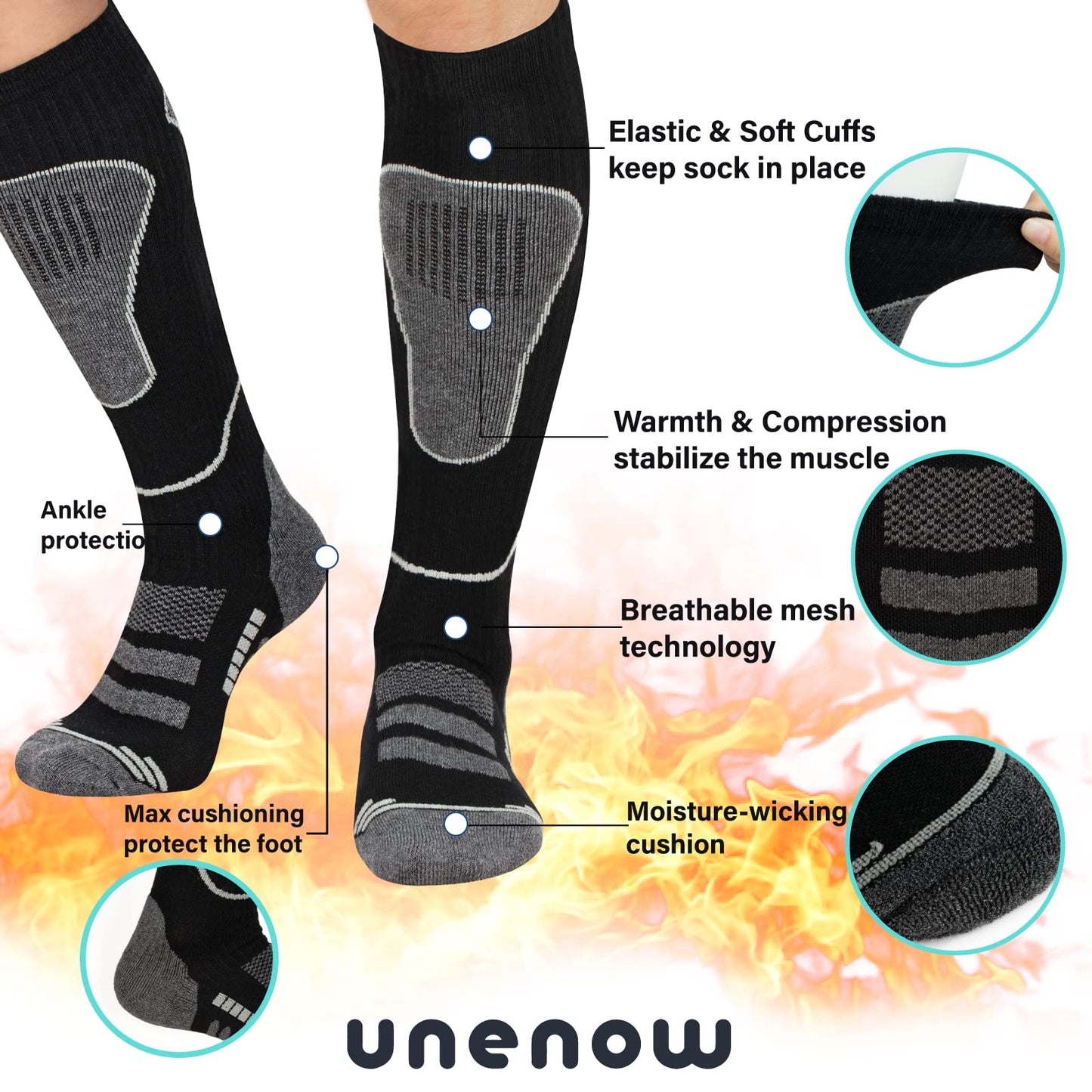 Merino Wool Ski Socks 2 Pairs, Thermal Knee High Warm Socks for Snowboarding, Hiking, Cold Weather, Snow, Hunting