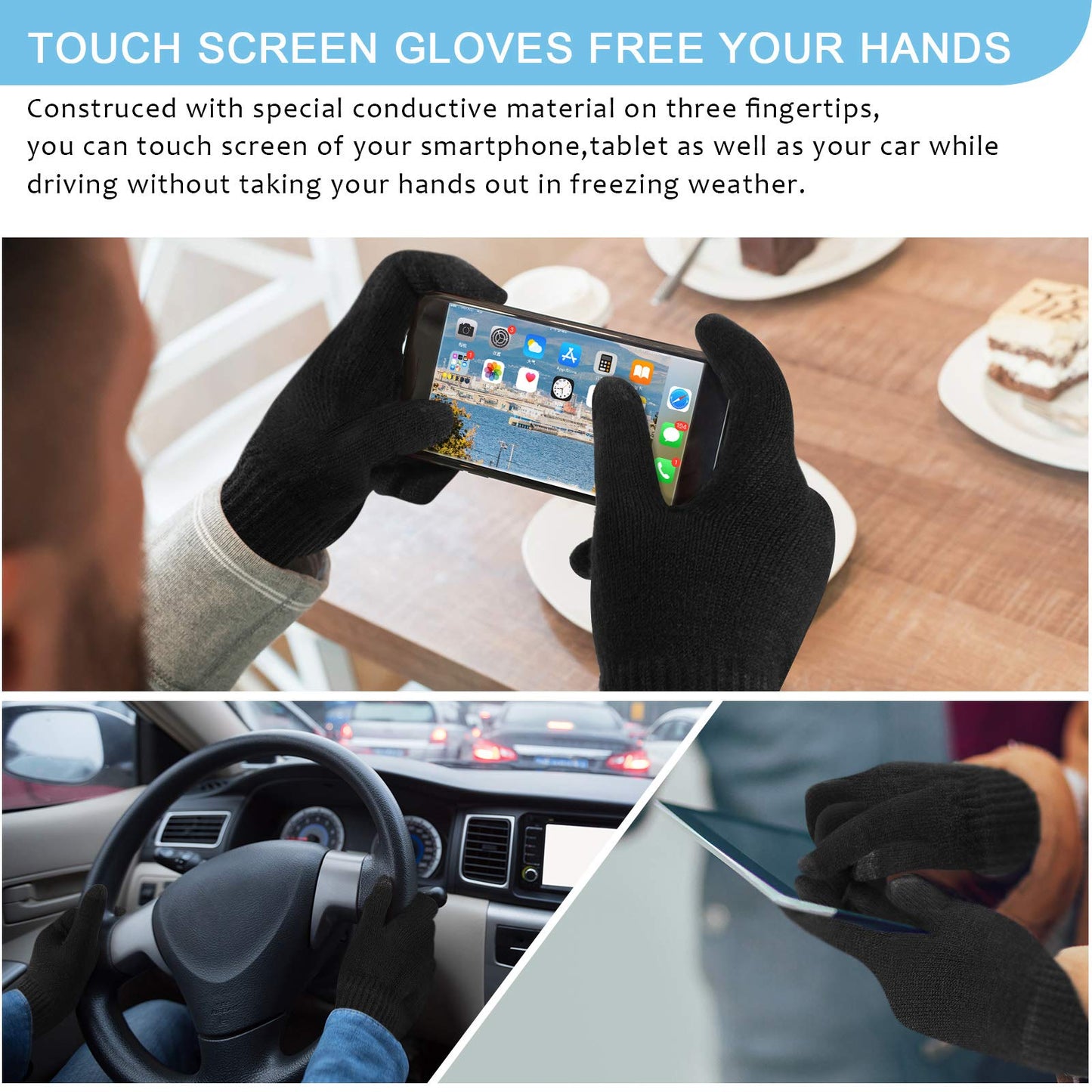 6 Pieces Winter Beanie Hat Scarf Touchscreen Gloves Neck Warm Knitted Fleece Lined for Men and Women Black, Grey