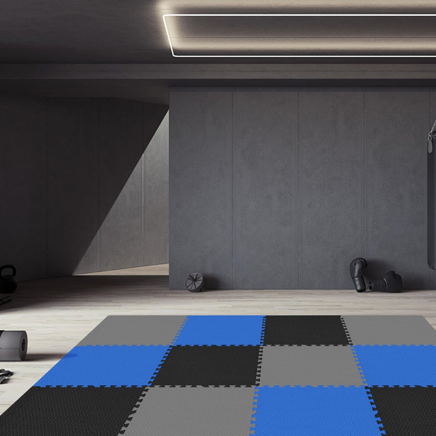 Signature Fitness Puzzle Exercise Mat with EVA Foam Interlocking Tiles, Blue, 3/4” Thick, 6 Tiles, 24 Sq Ft