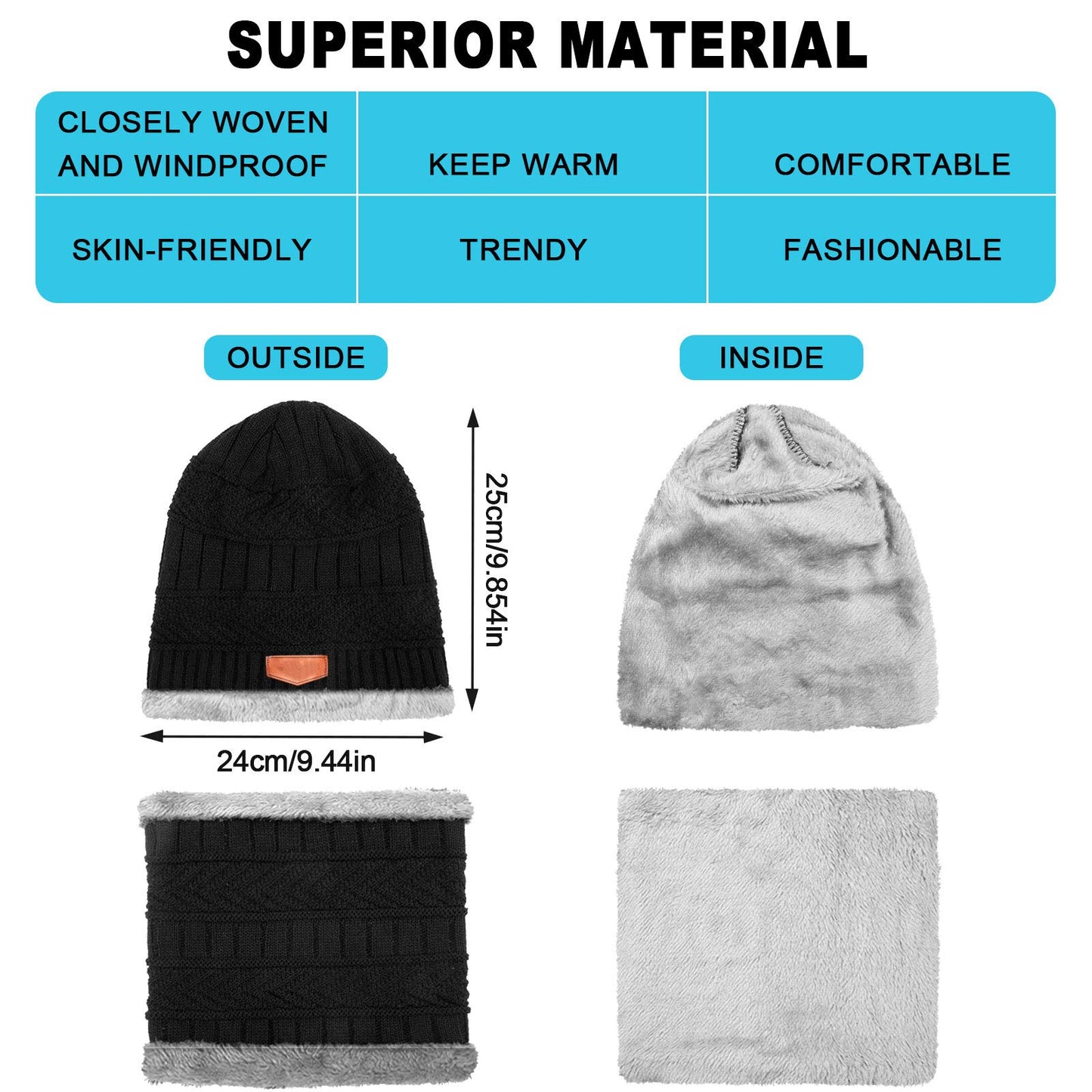 Winter Beanie hat Scarf Gloves Men Women Warm Knit Set Sock Thermal Soft Plush Lining Cold Weather Skiing Snowboarding (Black, Dark Gray)