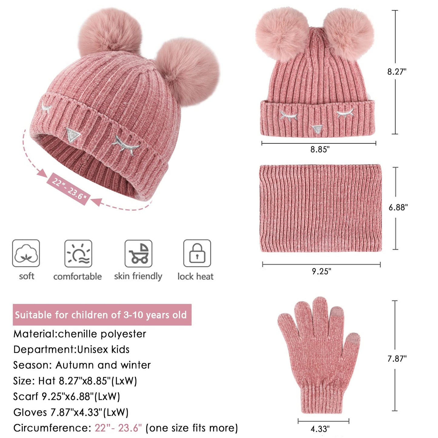 Toddler Boys Girls Winter Warm Knit Beanie Hat Neck Scarf Touchscreen Gloves with Fleece Lined Cap for 3-10 Year Kid Gifts