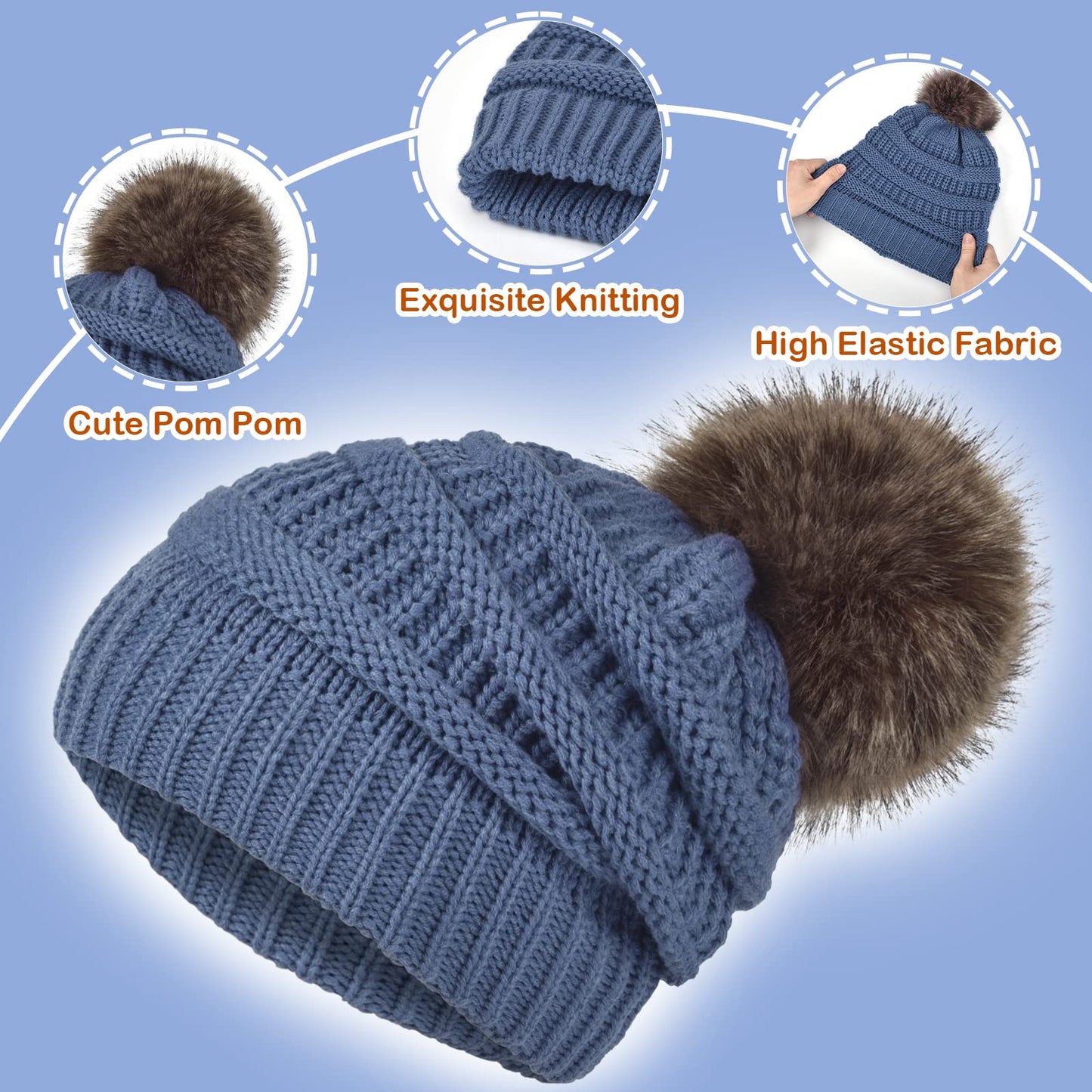 Slouchy Beanie Hat Gloves Set Women Winter Knit Knitted Warm Fleece Lined Cap Cute Fur Pom Ball Faux Pompom Soft Chunky Thick Cable Fluffy Wool Ladies Blue Slouch Hats Cold Weather Snow Accessories