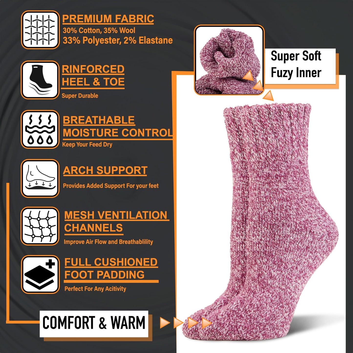 NevEND 6 Pairs Women's Wool Merino Winter Thermal Boot Thick Insulated Heated Mini Crew Socks