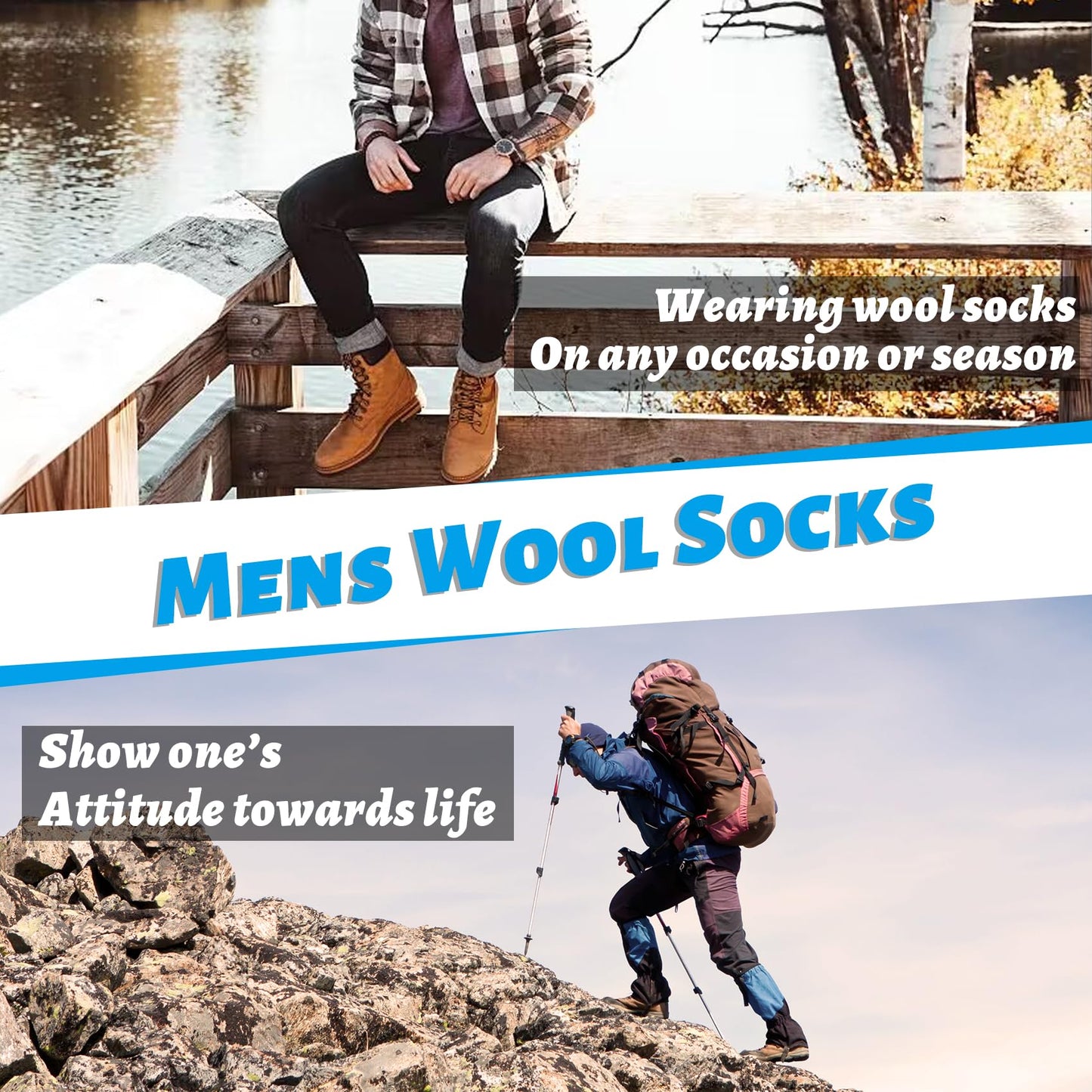 4 Pairs Mens Merino Wool Socks, Breathable Hiking Outdoor Warm Winter Socks for Men Cold Weather Mottled Black+Grey (4 pairs)