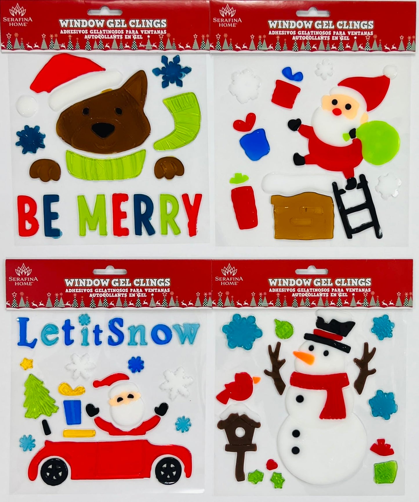 Christmas Gel Cling Stickers for Windows and Mirrors - 4 Sheets of Winter Designs: Santa, Reindeer, Elf, Snowman and More!