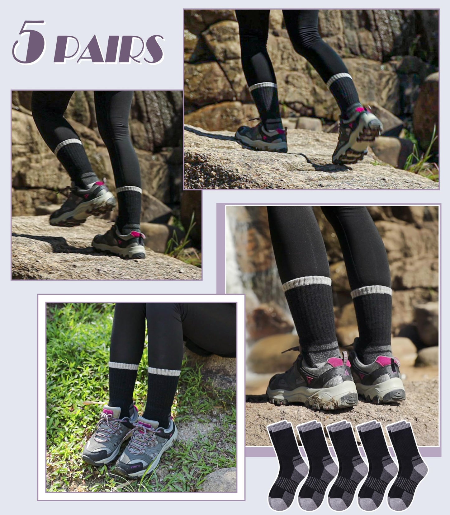 DYW Womens Merino Wool Hiking Socks Thermal Warm Winter Boot Crew Socks Cushion Work Walking Gift Socks 5 Pairs (5 Pairs Black,Medium)