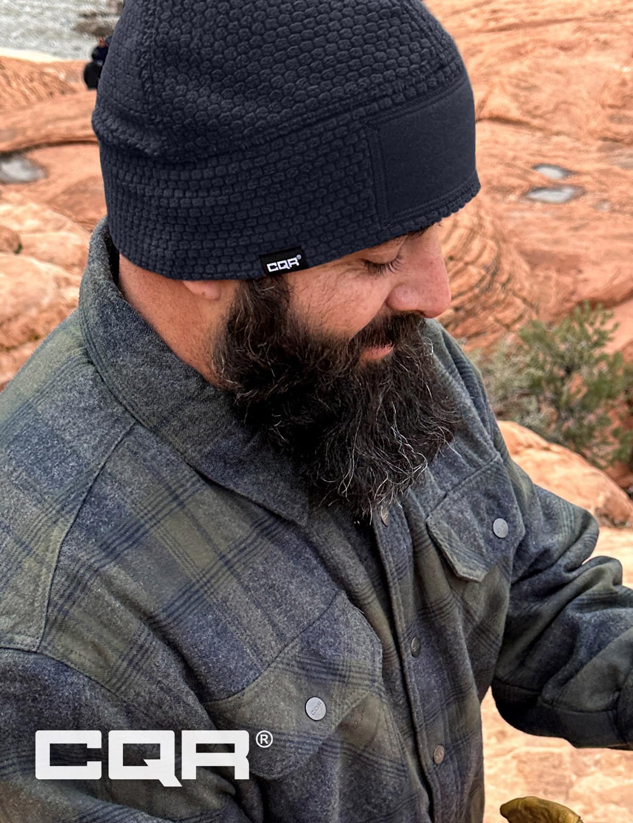 CQR Men's Fleece Tactical Beanie, Lightweight Army Military Skull Cap, Soft Warm Winter Hat with Small Pocket, Grid Flex Operator Navy, Medium