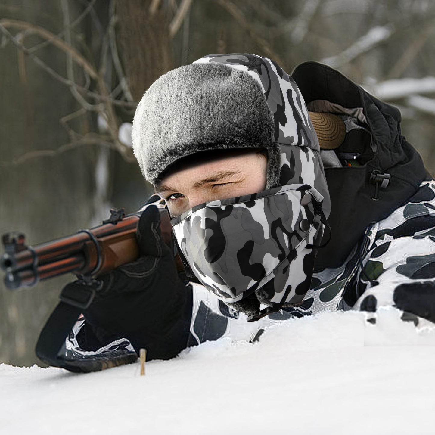 Watayo Winter Hunting Trapper Hat- Camouflage Hat Trapper Hunter Headwear- Waterproof Cold Weather Warm Ski Hunting Hat with Earflap Face Mask for Men Women