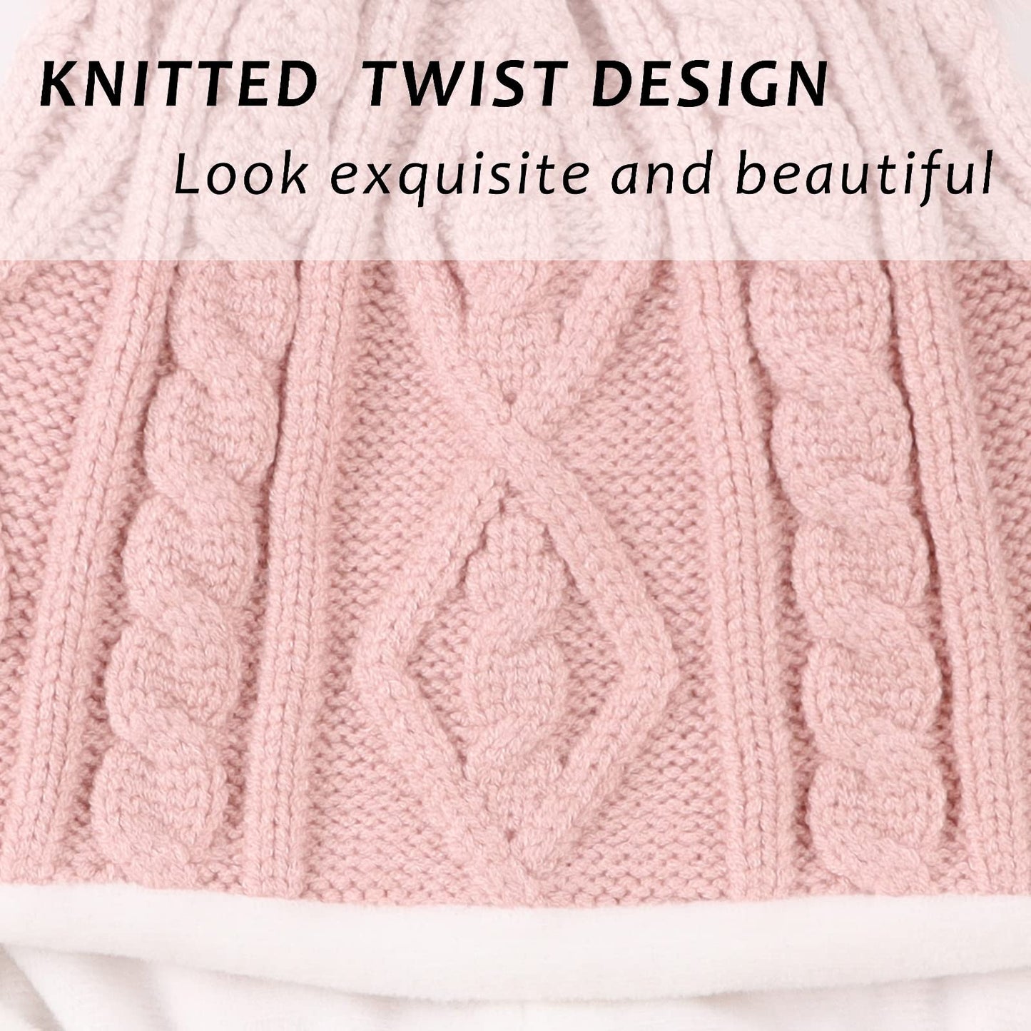Winter Baby Knitted Hat Scarf Kids Boys Girls Hood Hats Toddler Earflap Beanie with Pompom(Skin Pink Pompom,S)