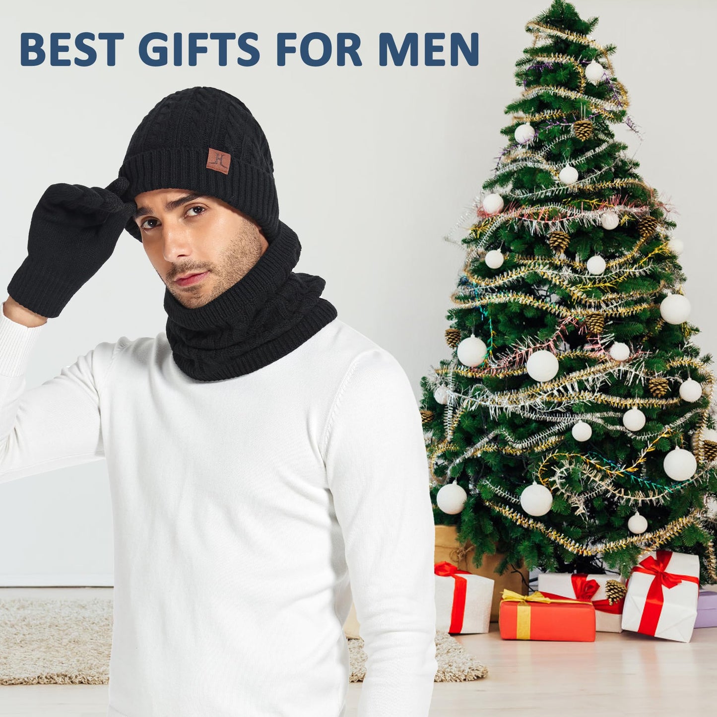 Mens Womens Winter Beanie Hats Touchscreen Gloves Neck Scarf Warmer Set Knit Skull Cap with Fleece Lined Gifts for Men Women Black