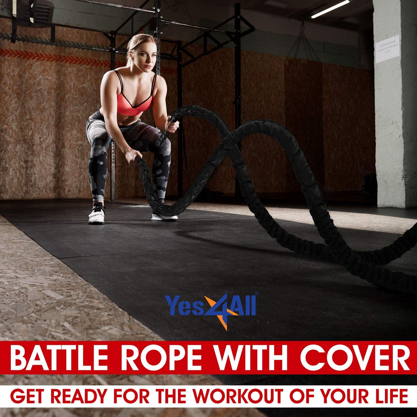 Yes4All Battle Exercise Training Rope with Protective Cover – Steel Anchor & Strap Included Black, 1.5in - 50ft