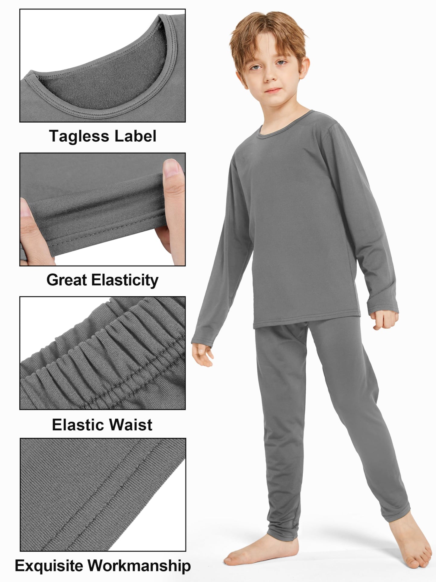 Resinta Boys Thermal Underwear Set Toddler Long Johns for Kids Boys Fleece Lined Base Layers for Skiing & Winter Activities Grey