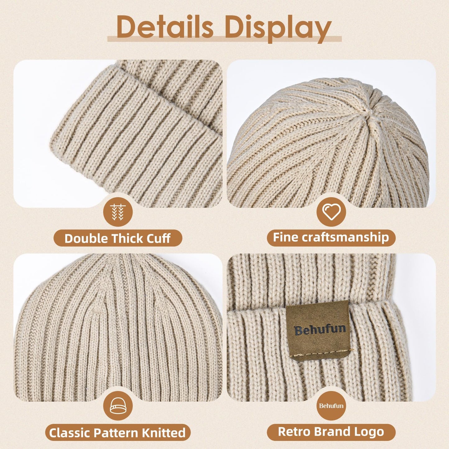 Behufun Beanies Hats Men 3 Pack, Unisex Beanie for Men Women, Warm Soft Polar Fleece Lining Thick Knit Cuff Winter Hat