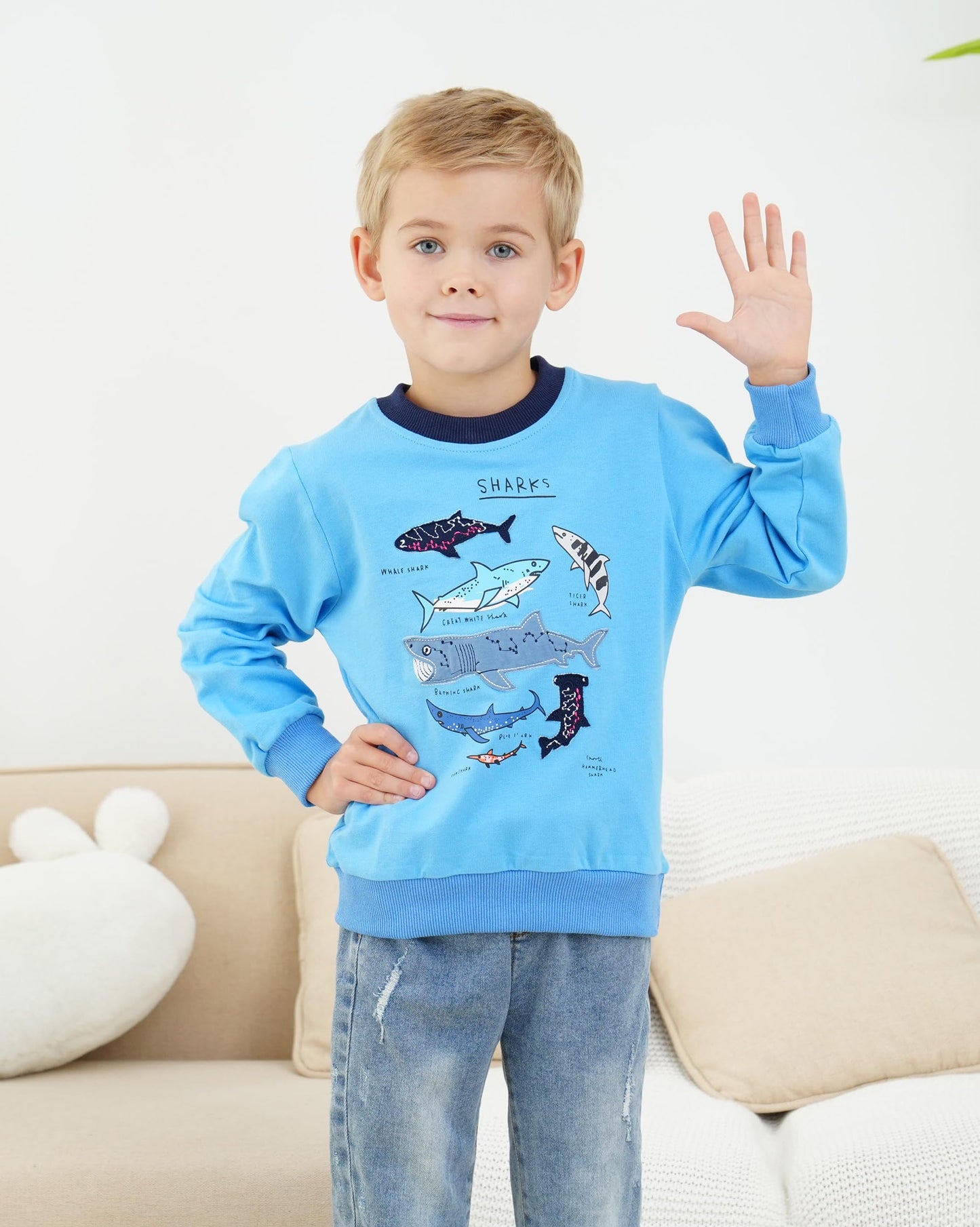 Shark Sweatshirt Boys Long Sleeve Shirts Crewneck Pullover Sweatshirts Toddler Animal Outfit Blue Tops Kids Fall Winter Sweater 6t
