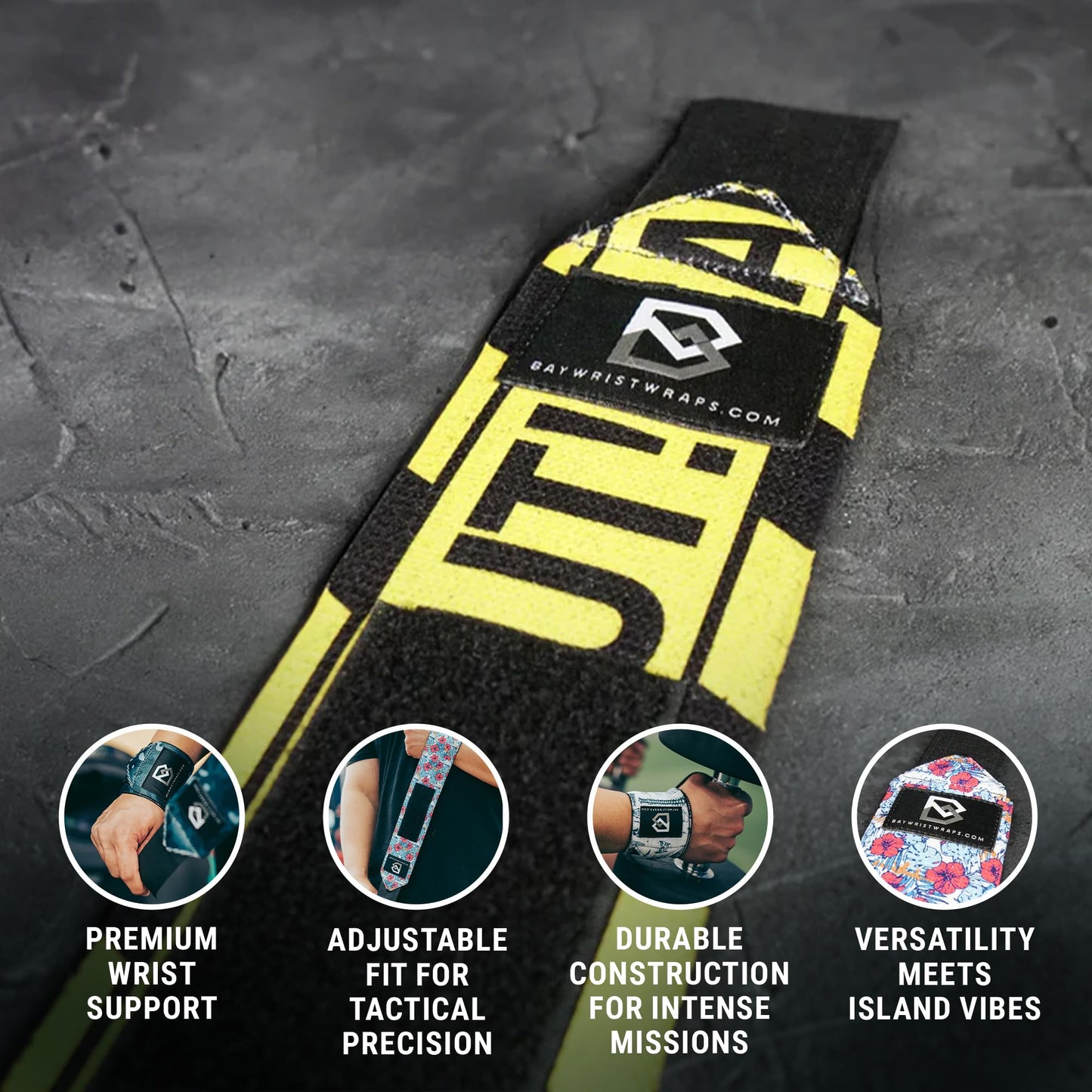 Bay Wrist Wraps Weightlifting Workout Wrist Brace - Adjustable, One Size Fits All - Comfort Wrist Wraps for Weightlifting with Thumb Loop, Lifting Wrist Straps in Caution - 18-inch Wrist Wrap