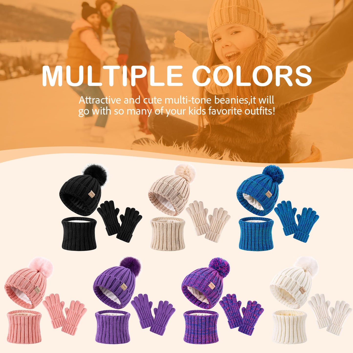 Children Winter Beanie Hat Scart Gloves Set, Kids Fleece Lined Knitted Woollen Pompom Hat for Boys Girls Toddler 3-9 Years