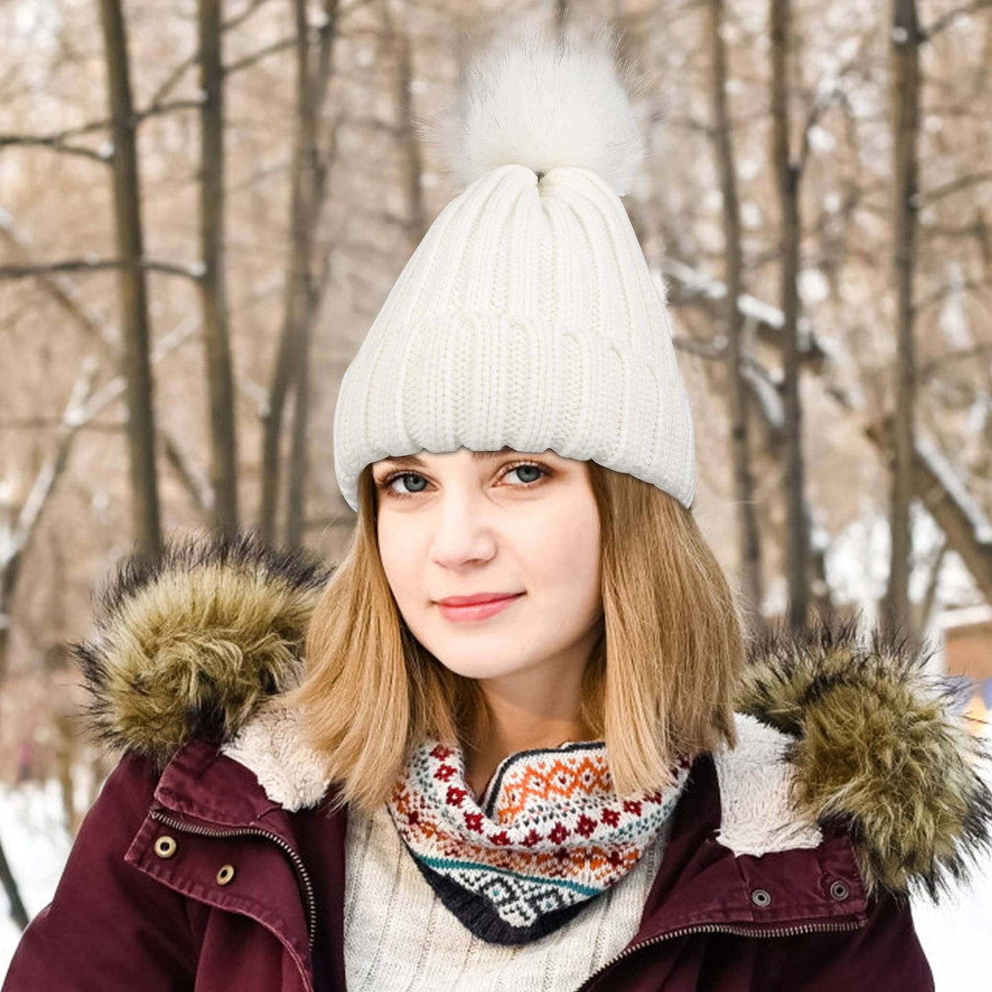 Muryobao Womens Winter Beanie Hat Warm Silk Satin Lined Cuffed Cable Knit Hat with Detachable Pom Ski Skull Cap White