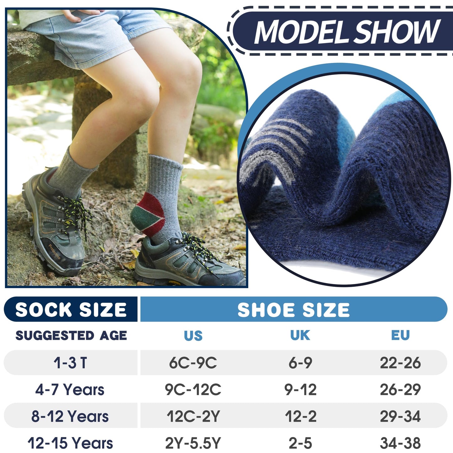 EBMORE Kids Merino Wool Hiking Socks Boys Toddlers Girls Winter Thermal Thick Warm Boot Cushion Ski Snow Gift Socks Stocking Stuffers 6 Pairs (Color matching, 12-15 Y)