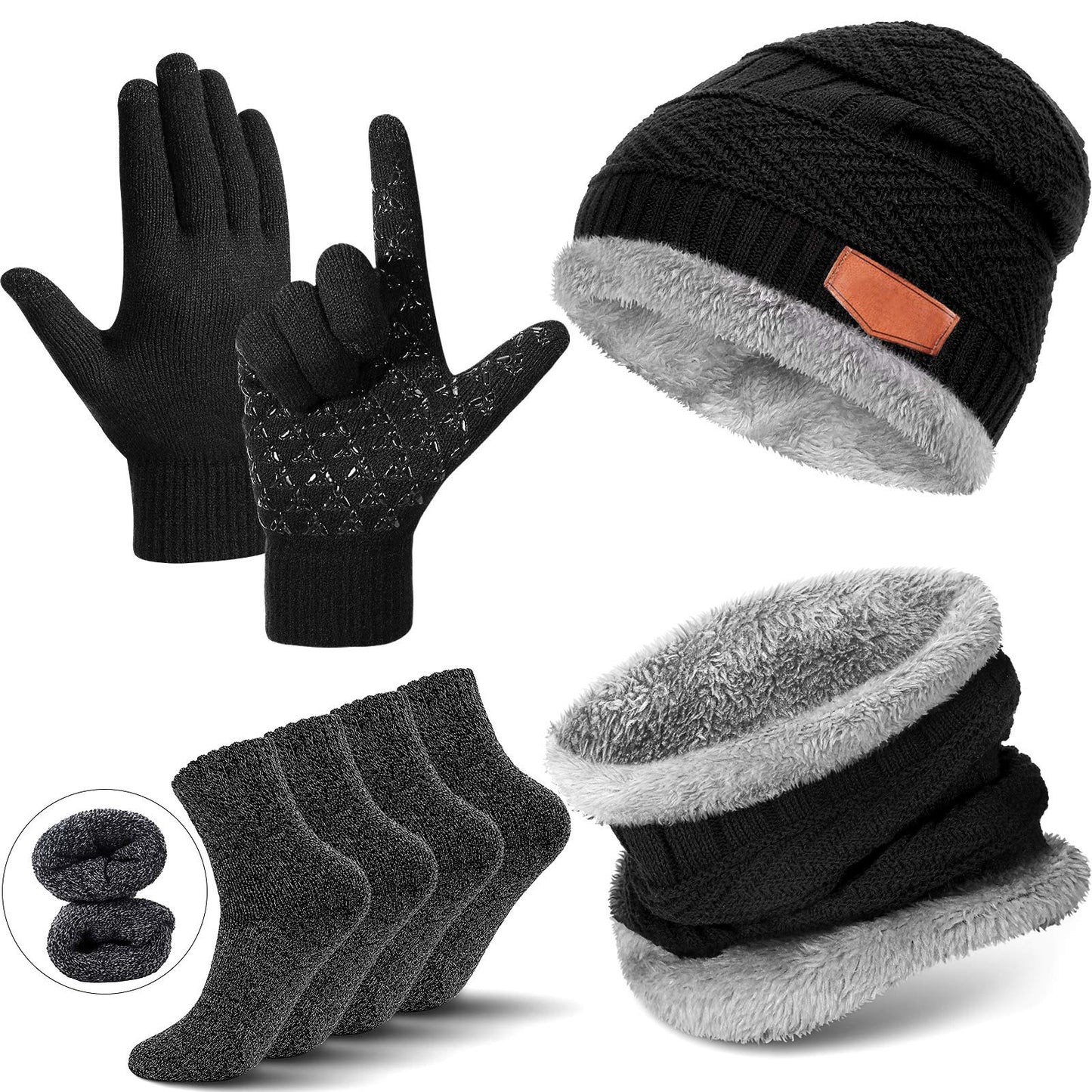 Winter Beanie hat Scarf Gloves Men Women Warm Knit Set Sock Thermal Soft Plush Lining Cold Weather Skiing Snowboarding (Black, Dark Gray)