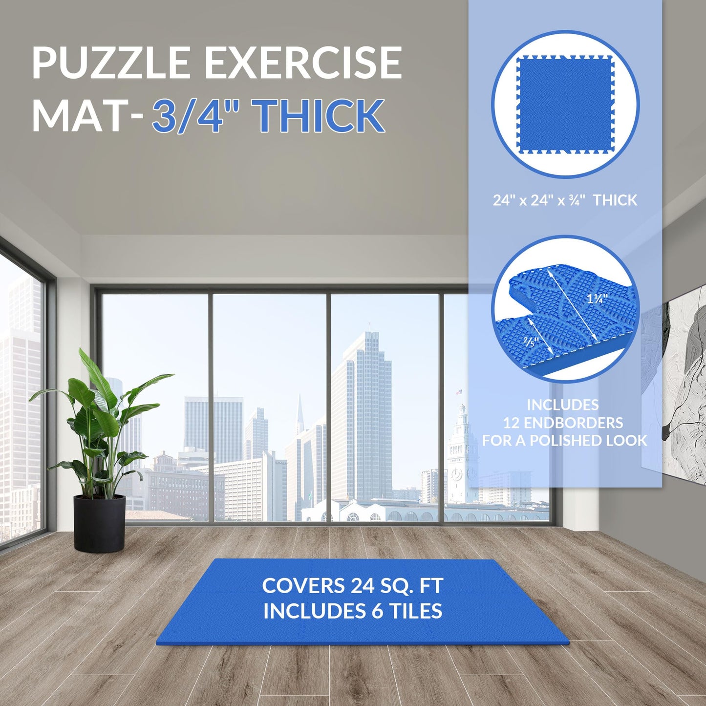 Signature Fitness Puzzle Exercise Mat with EVA Foam Interlocking Tiles, Blue, 3/4” Thick, 6 Tiles, 24 Sq Ft