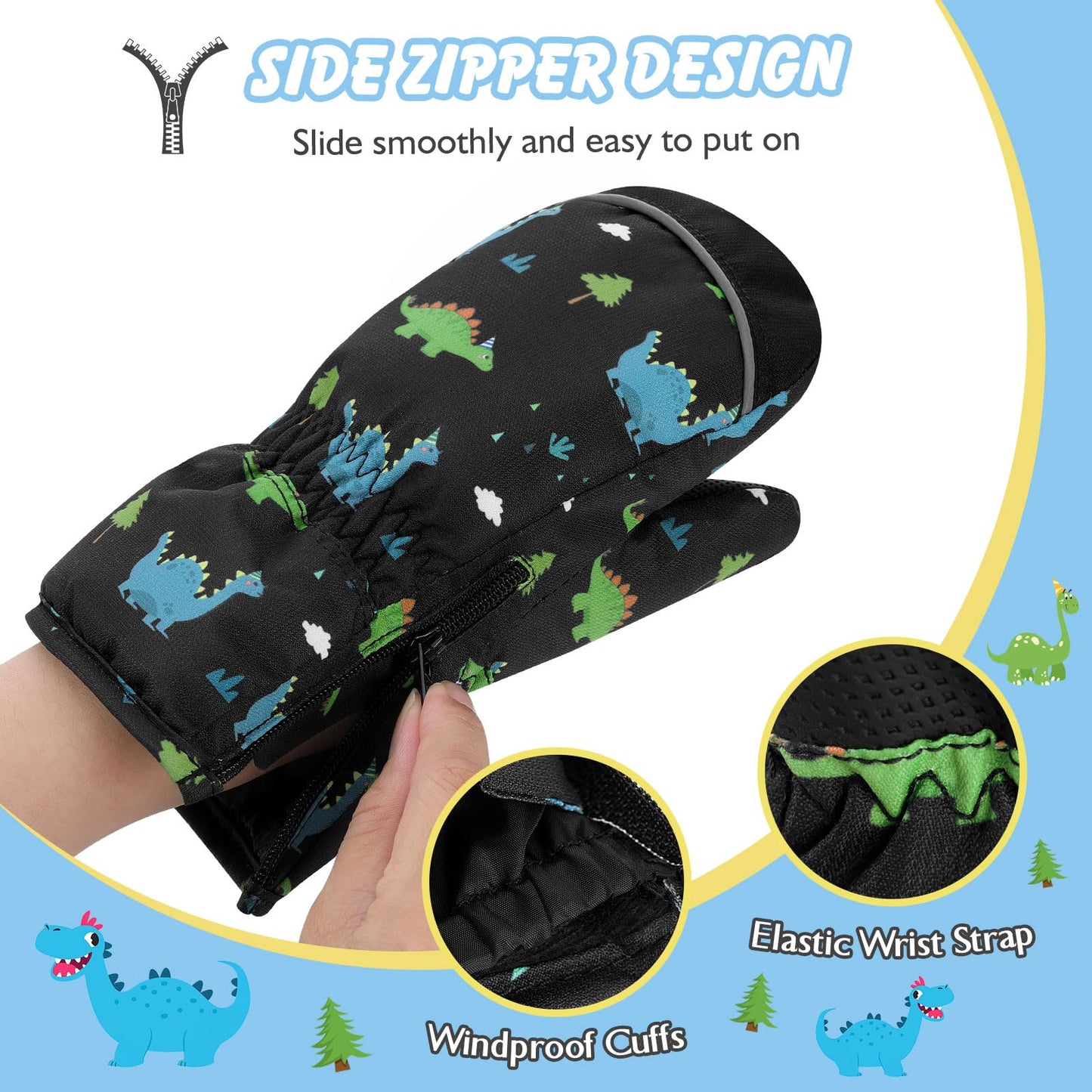 MoKo Toddlers Winter Mittens, Non-Slip Waterproof Snow Gloves Dinosaur with Zipper Warm Velvet Cloth Ski Gloves for Ages 4-5 Todder Baby Girls and Boys Winter Gloves for Skiing Outdoor, S, Black
