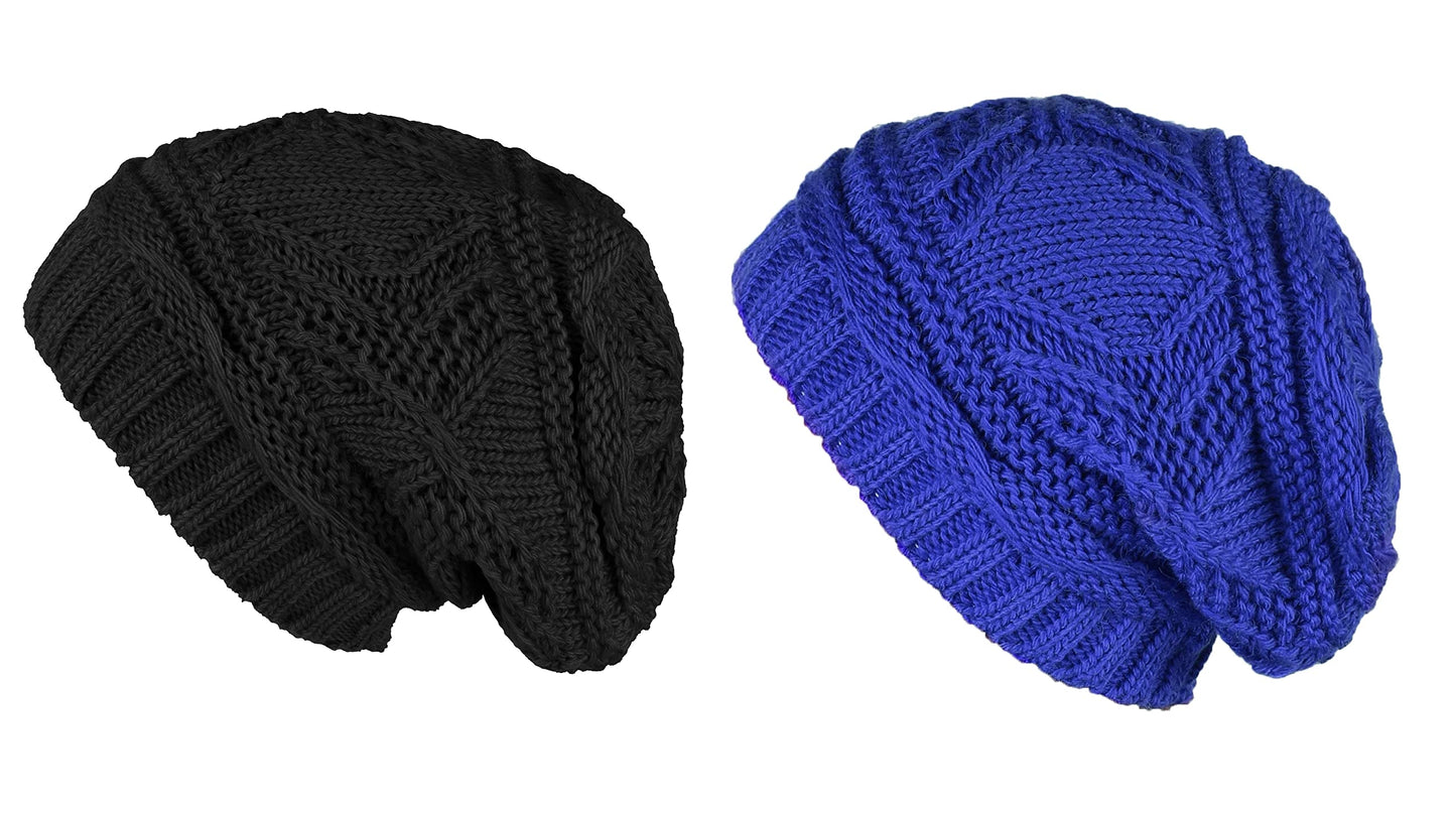 Lilax Knit Slouchy Oversized Soft Warm Winter Beanie Women Hat 2 Pack Black-Royal Blue