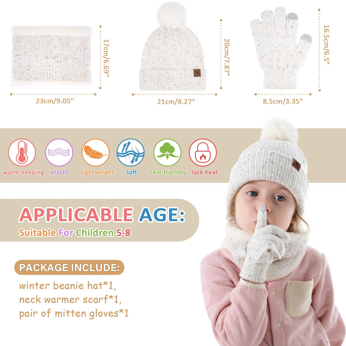 Toddler Kids Winter Hats Touchscreen Gloves Scarfs Set Pompom Beanie Caps Neck Warmer with Fleece for 5-8 Years Old Baby Girls Boys Gifts